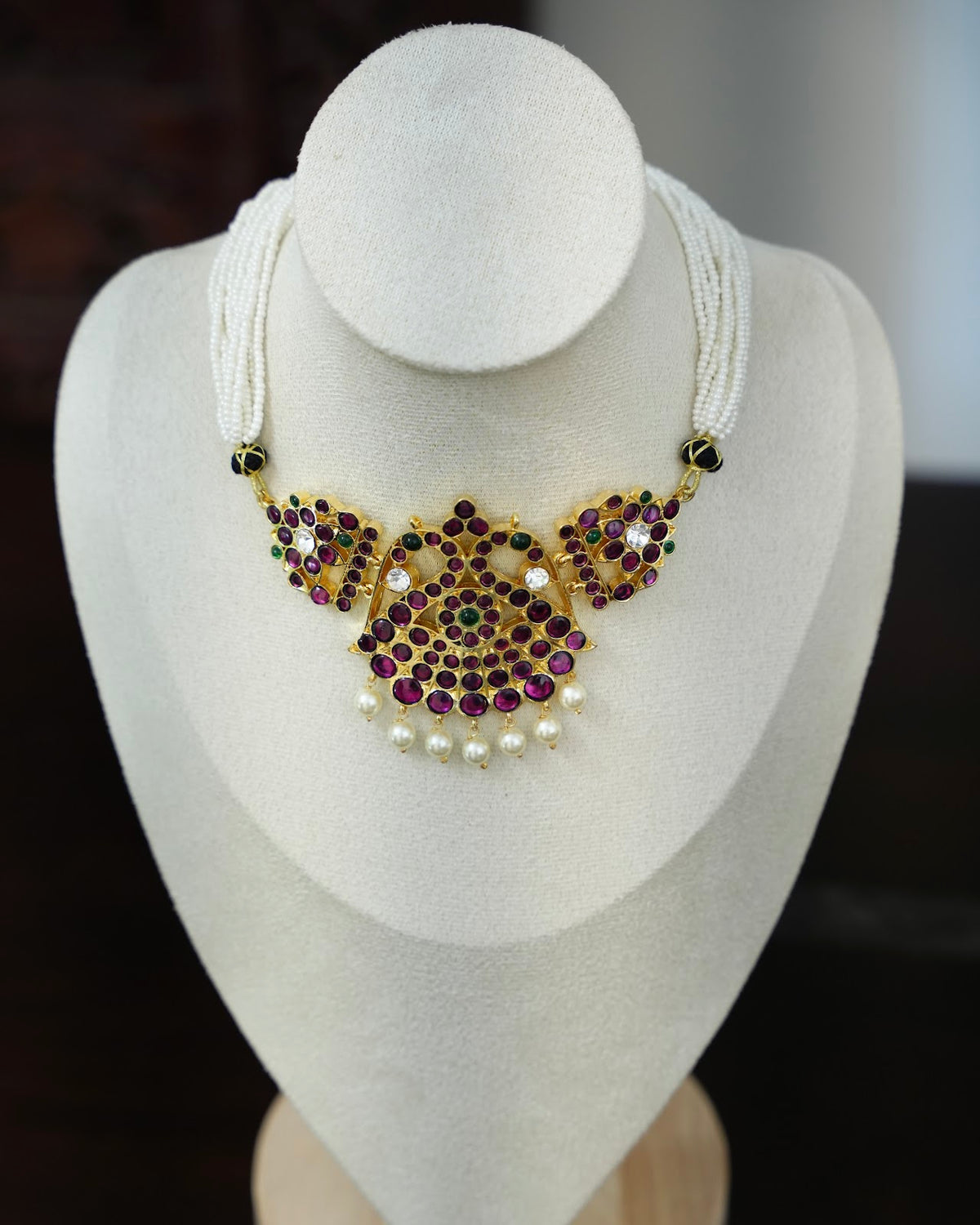 Vintage Traditional Kemp Stone Necklace with Pearl Beads | Handmade Gold Tone | NC920