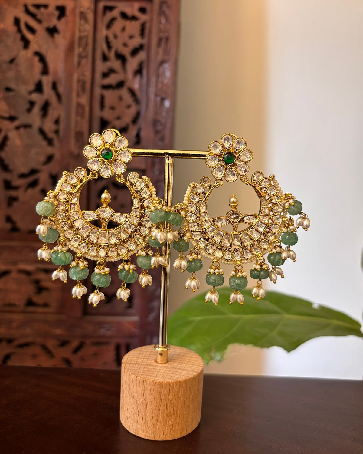 White Floral Jadau Kundan Jhumkas with Green Beads | Handmade Gold Plated | ER473