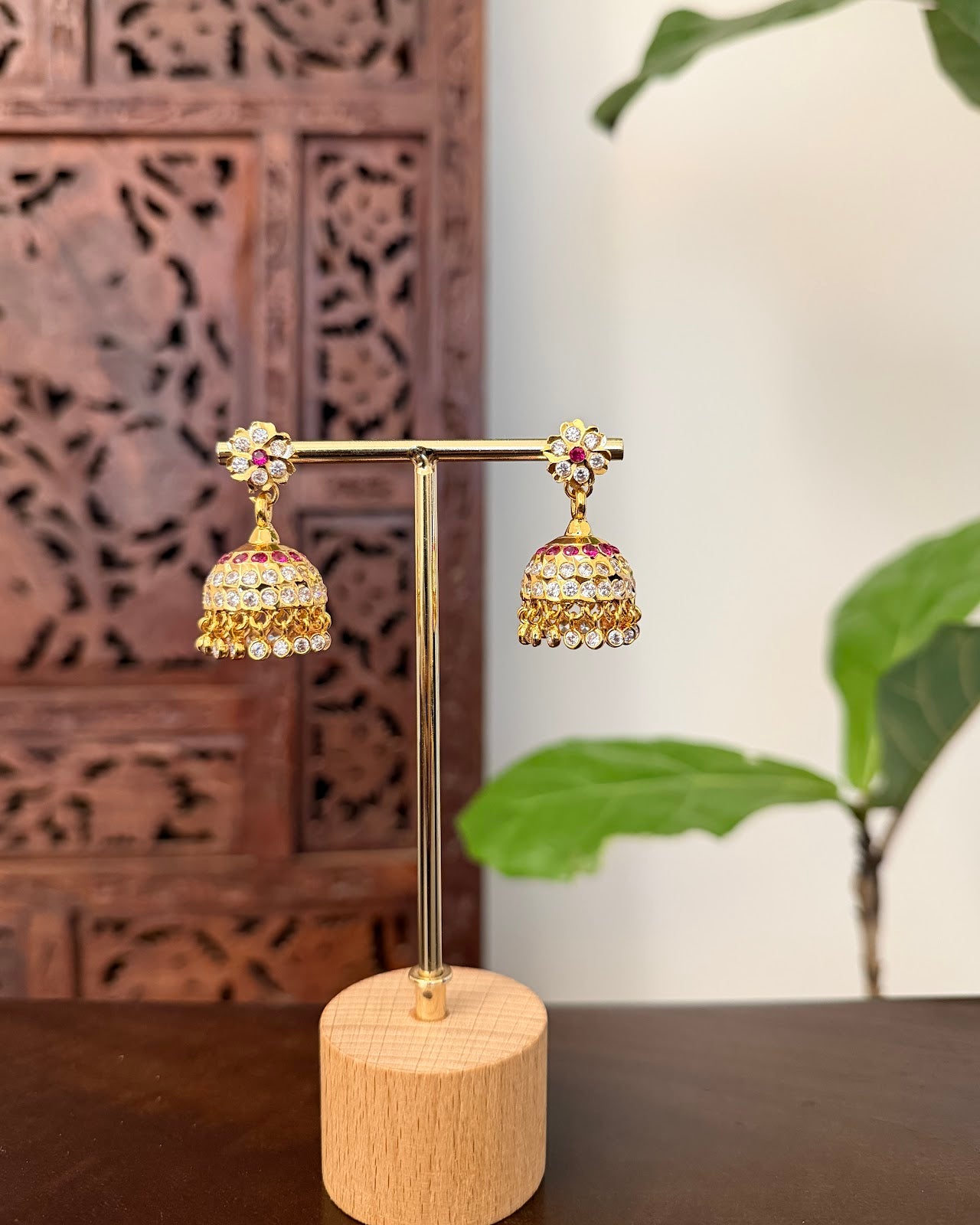 Vintage Impon Earrings | Ruby & White | Handmade Gold Tone | ER453