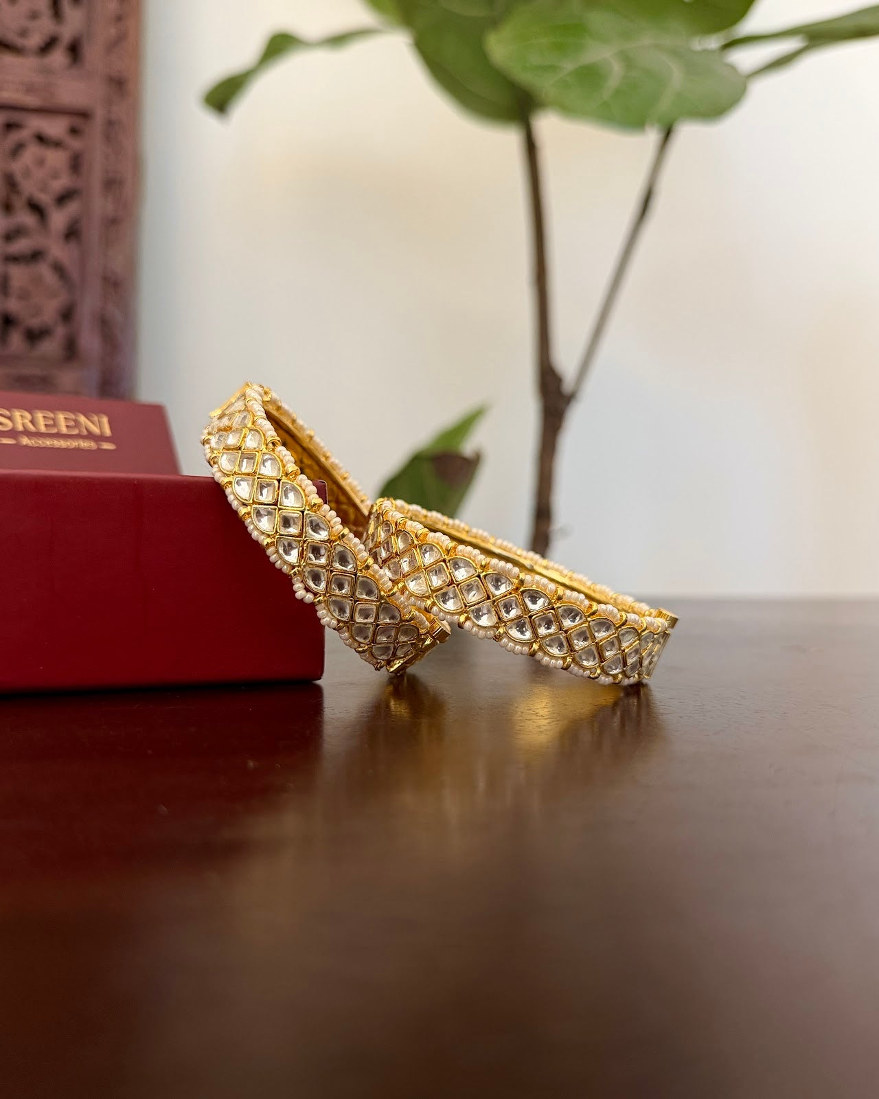 Jadau Kundan Gold Plated Bangles — White with Pearl Detailing | BA130 | BA131 | BA132