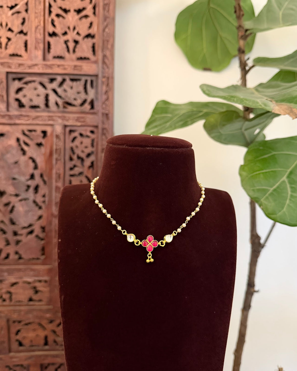 Floral Pearl Delicate Minimal Necklace | Ruby | Handmade Gold Plated | NC856