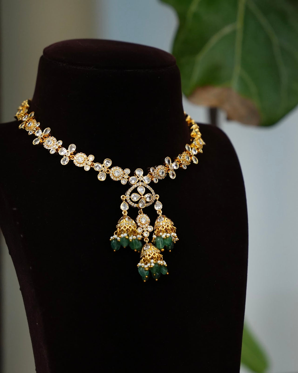 White Kundan Pendant Jhumka Necklace Set with Green Beads & Earrings | NC947