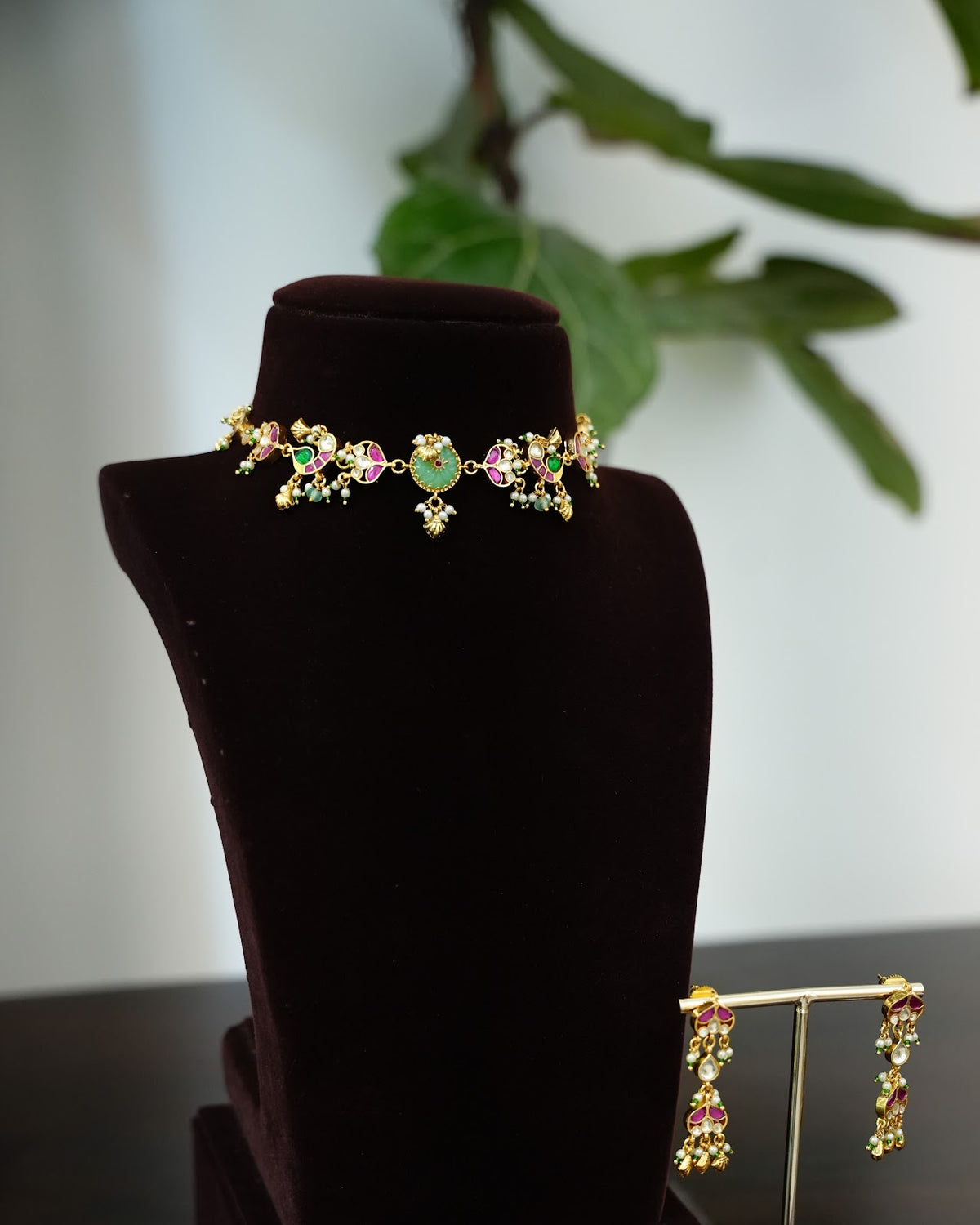 Pachi Kundan Floral Peacock Choker with Earrings | Handmade Gold Plated | NC900
