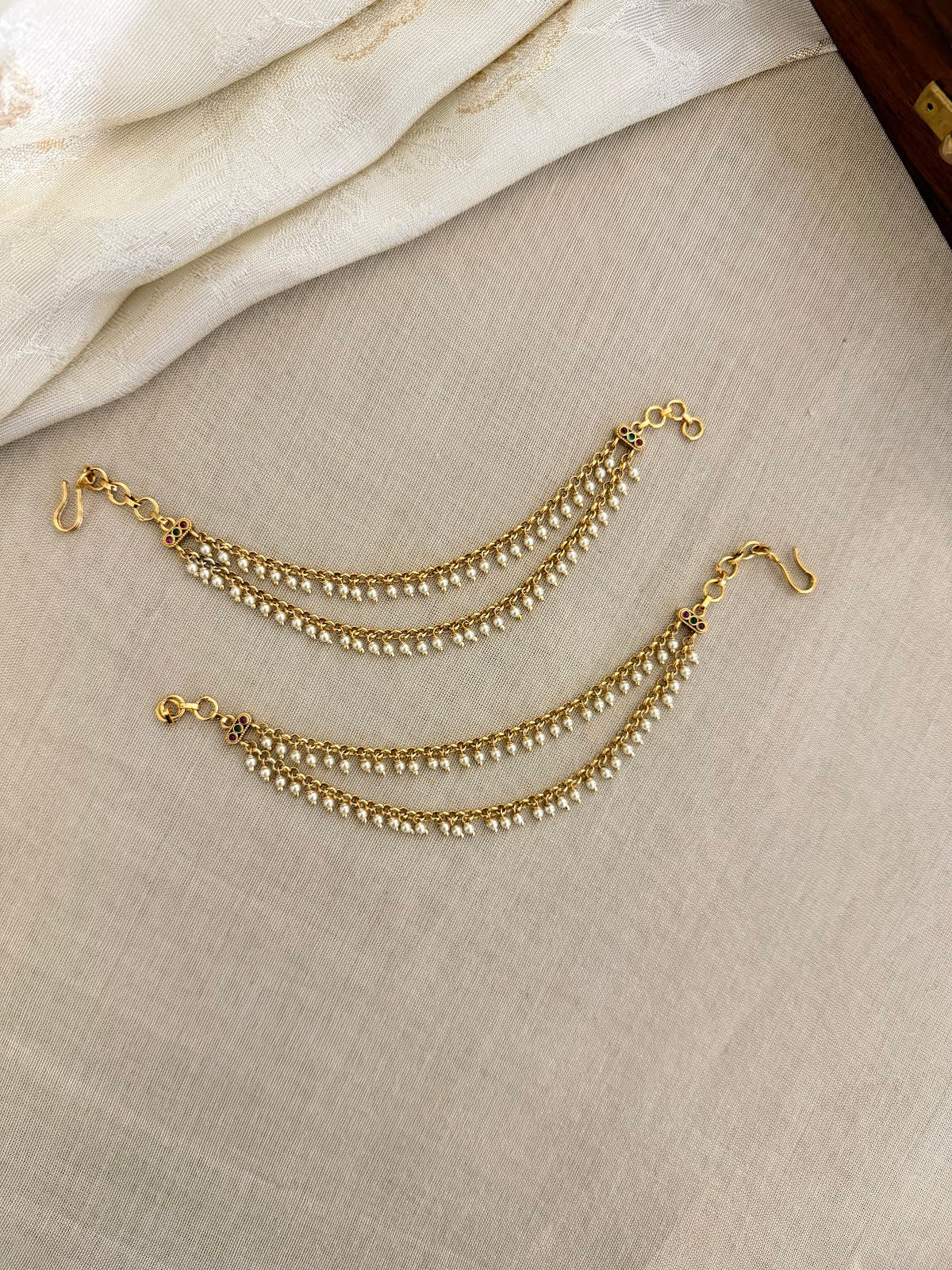 Minimal 2-Layer Gold Finish Ear Chain With Pearl | Handmade Gold Plated | EC216