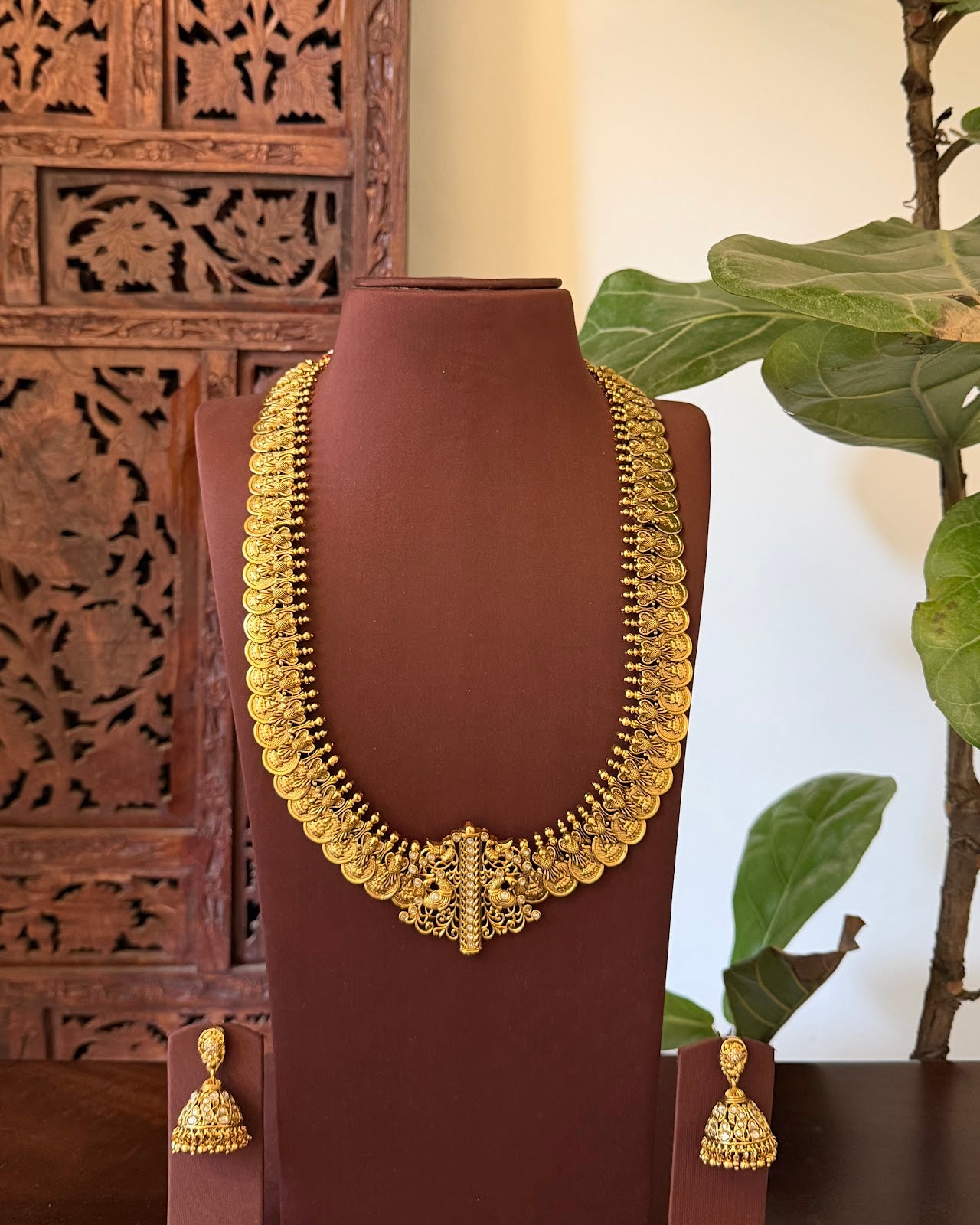 Antique Peacock Statement Kaasu Haram with Earrings | Handmade Gold Plated | NC838