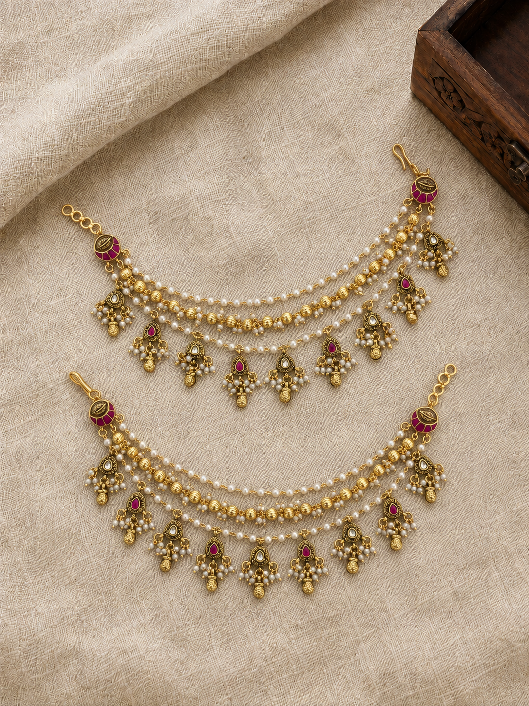Gold-Plated Jadau Kundan Ear Chain with Floral and Crescent Motifs | Handmade Gold Plated | EC228
