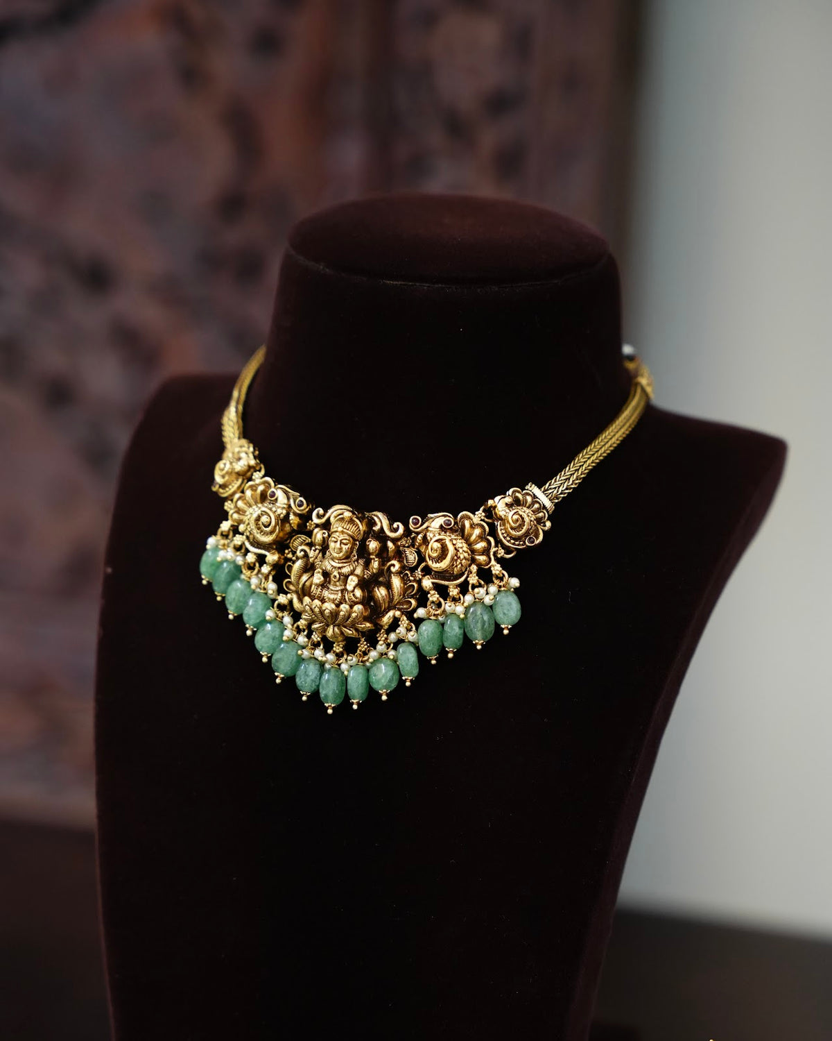 Antique Lakshmi Gold-Finish Choker Necklace Set with Strawberry Beads and Earrings | NC885