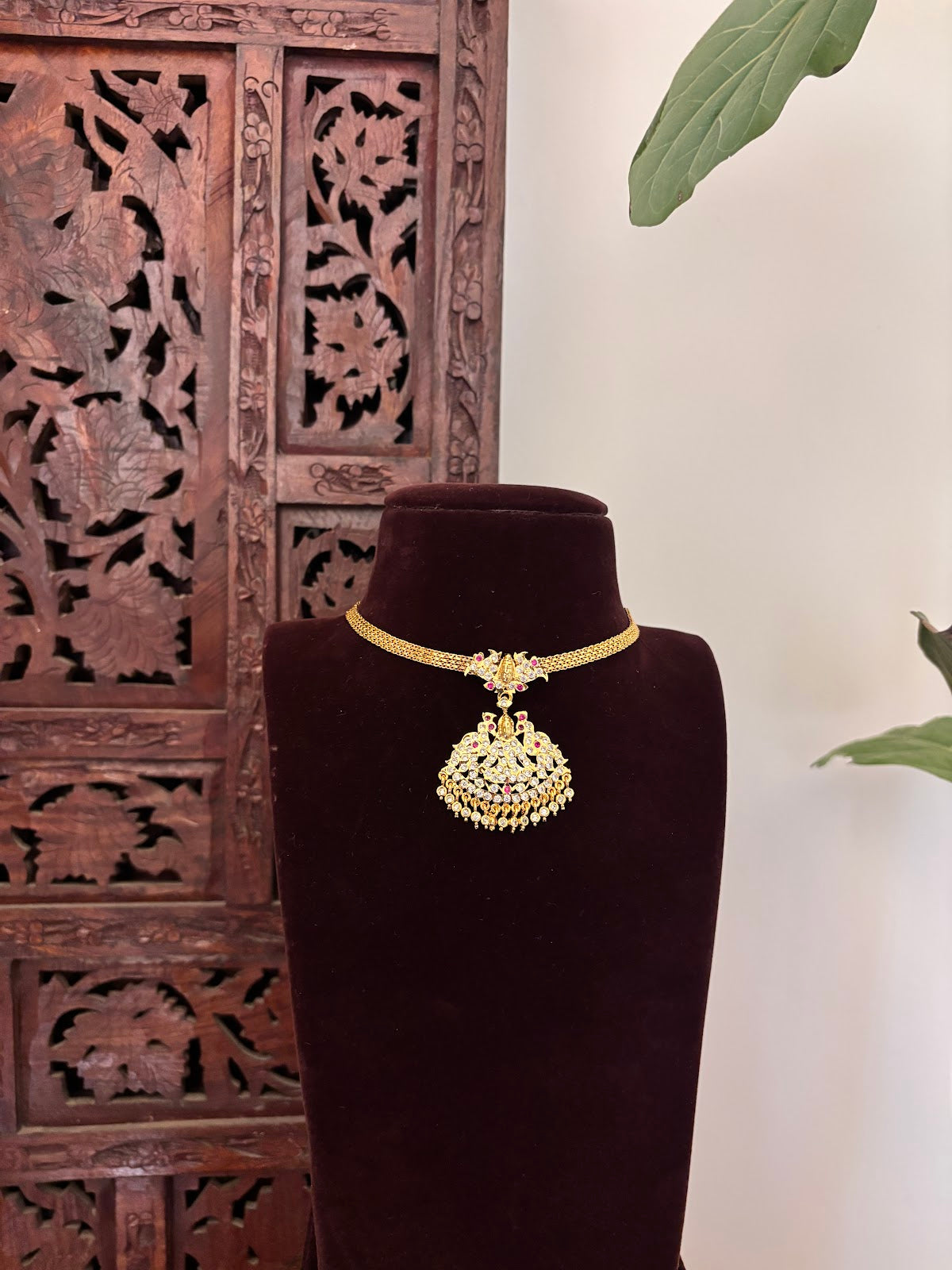 Vintage Impon Peacock Attigai Necklace – Ruby and White | Handmade Gold Tone | NC801