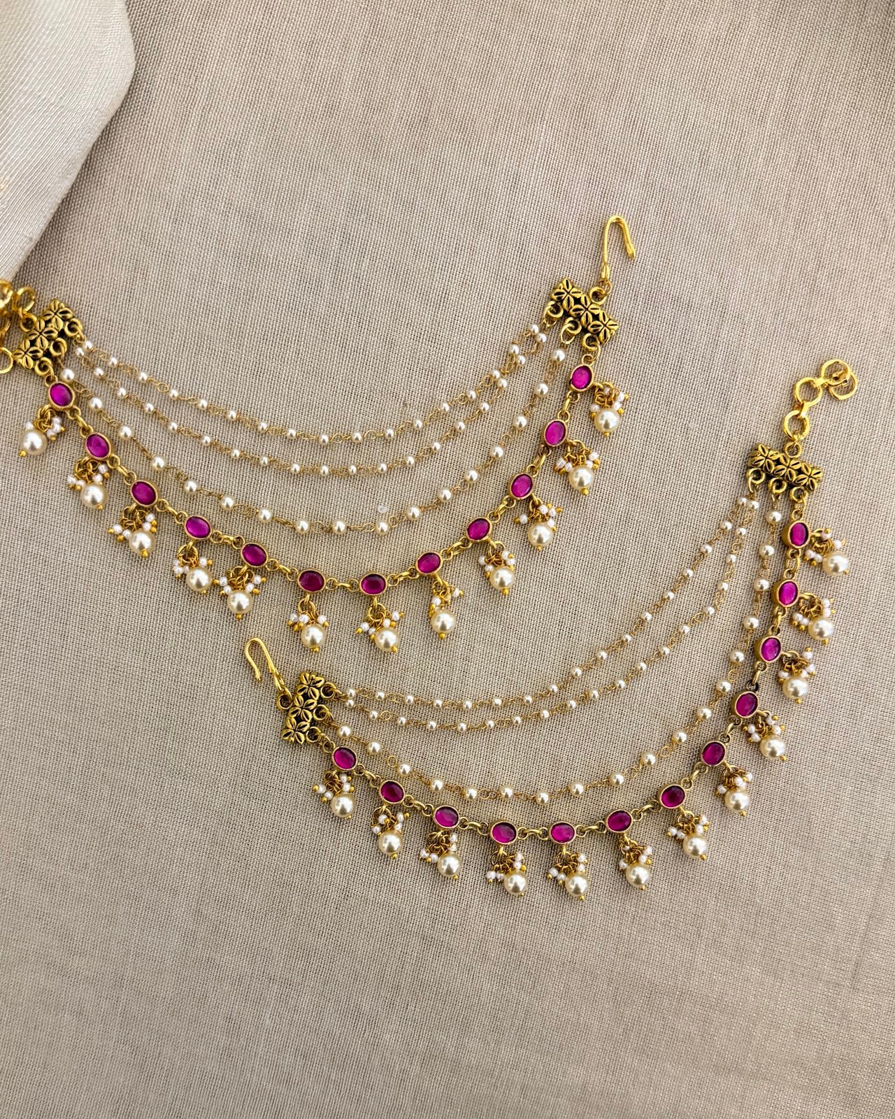 Ruby Pearl Three-Layer Ear Chain | Handmade Gold Plated | EC219