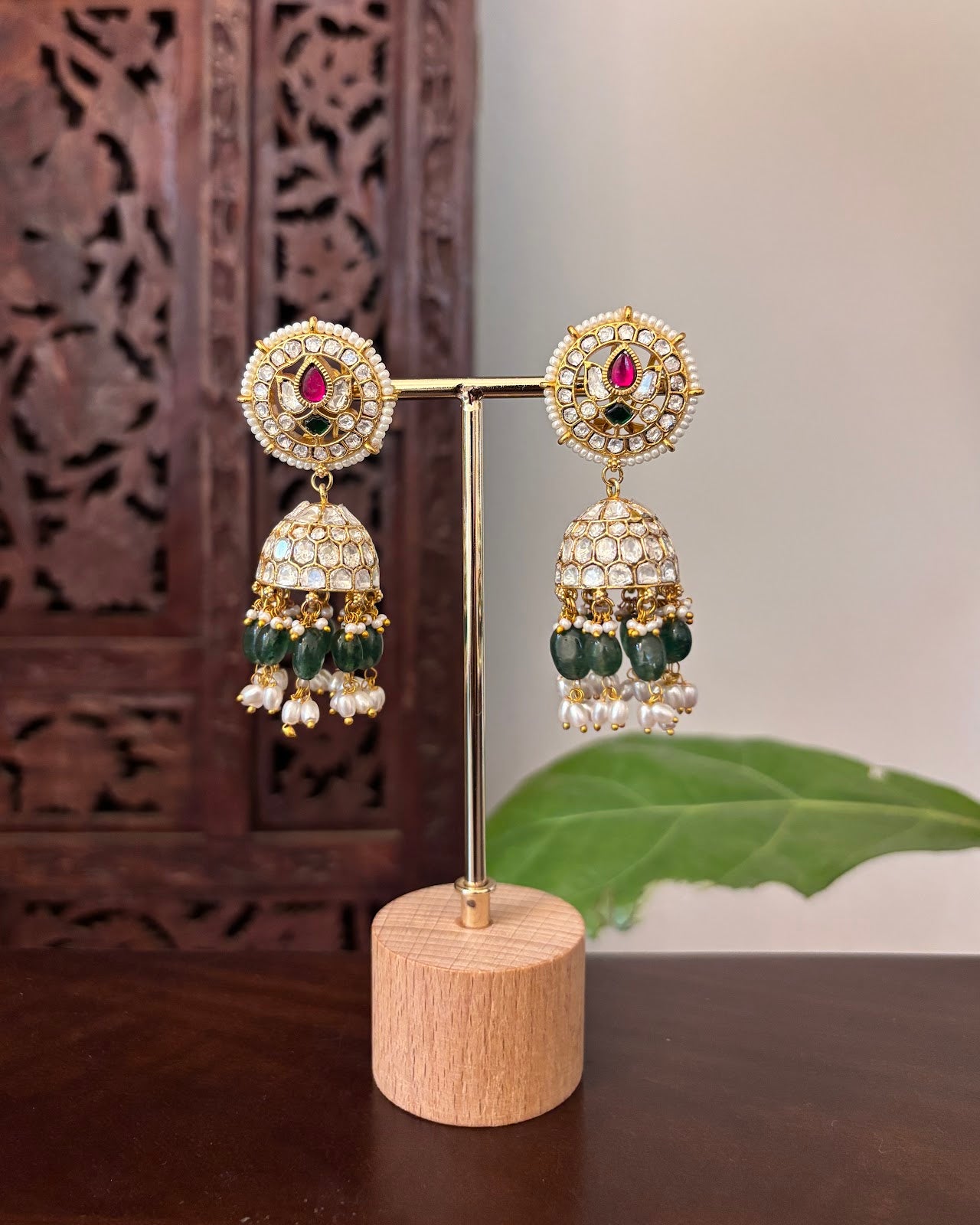 Elegant White Gold-Finish Kundan Jhumkas | Handmade Gold Plated | ER469