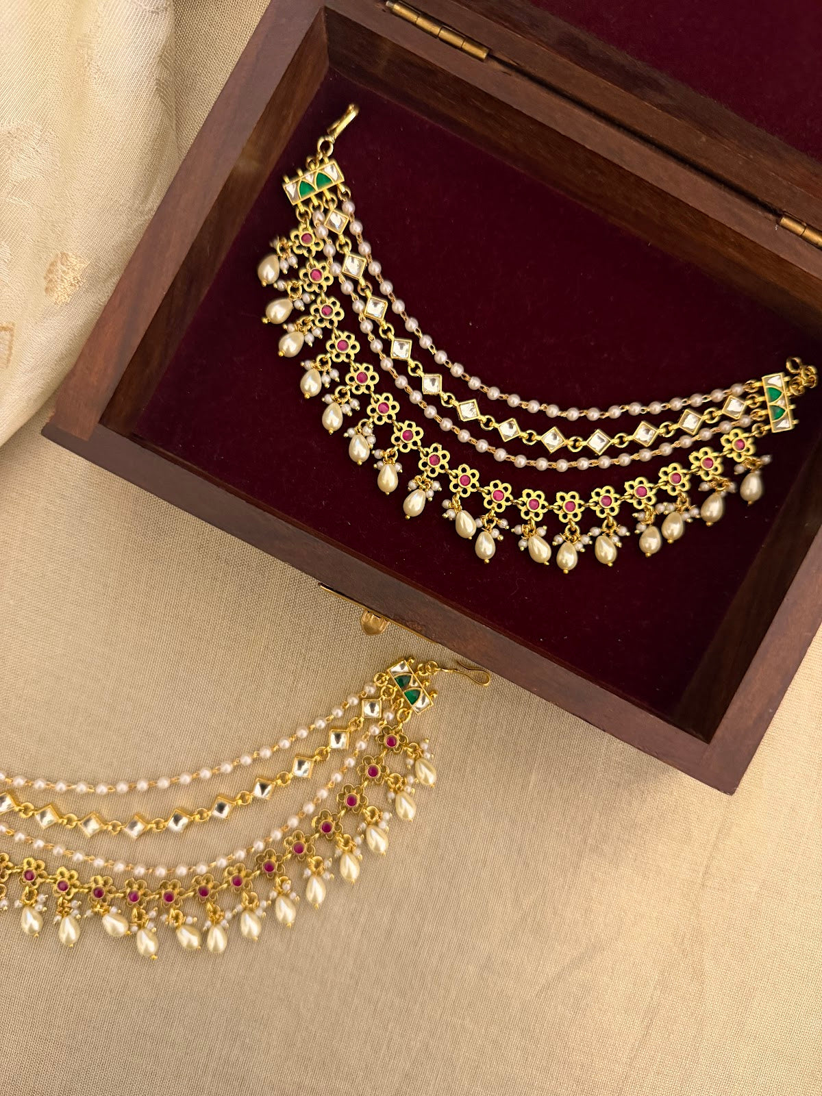 Multi Color Kundan Three-Layer Ear Chain | Handmade Gold Plated | EC217