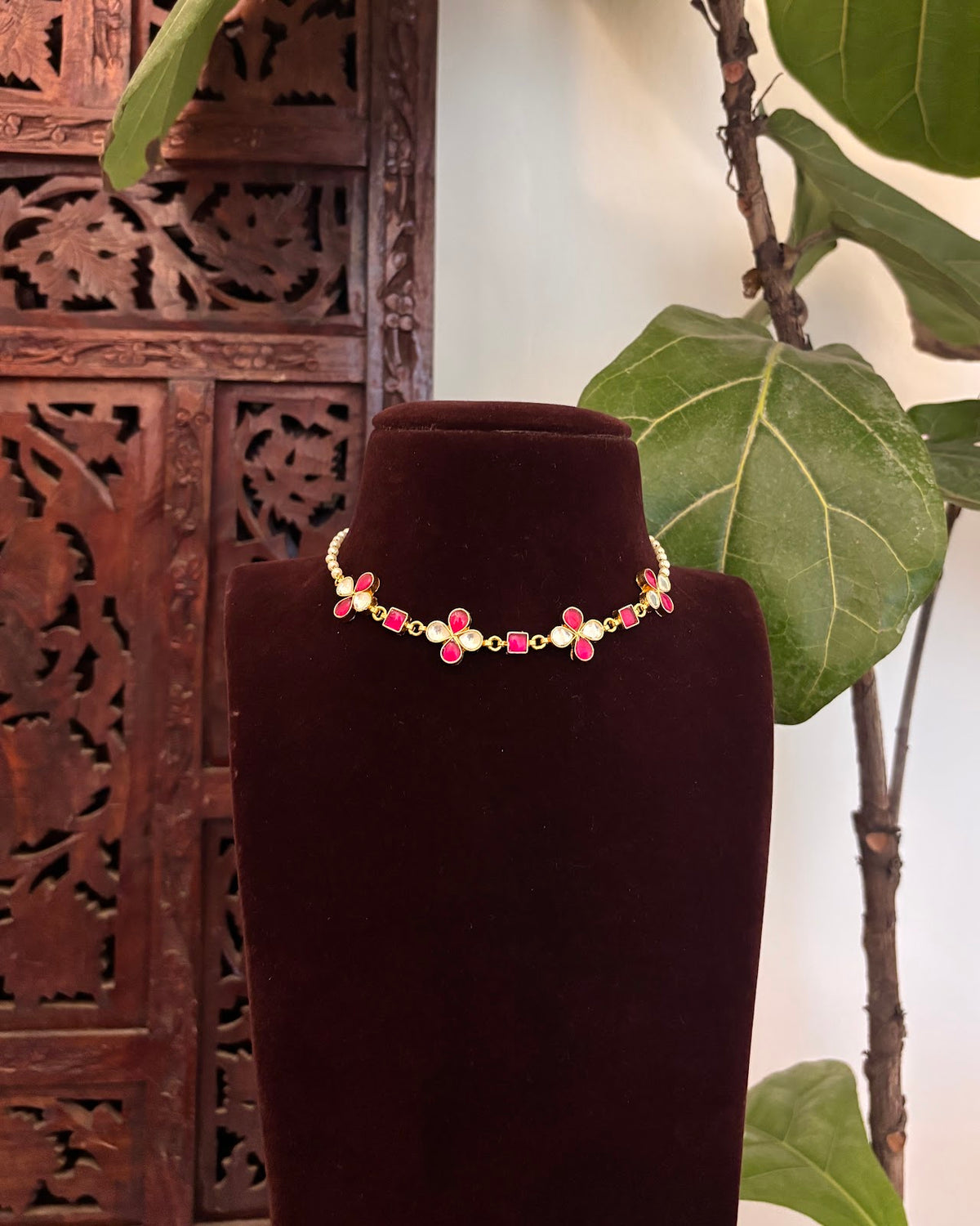 Floral Pearl Delicate Minimal Choker | Ruby | Handmade Gold Plated | NC882