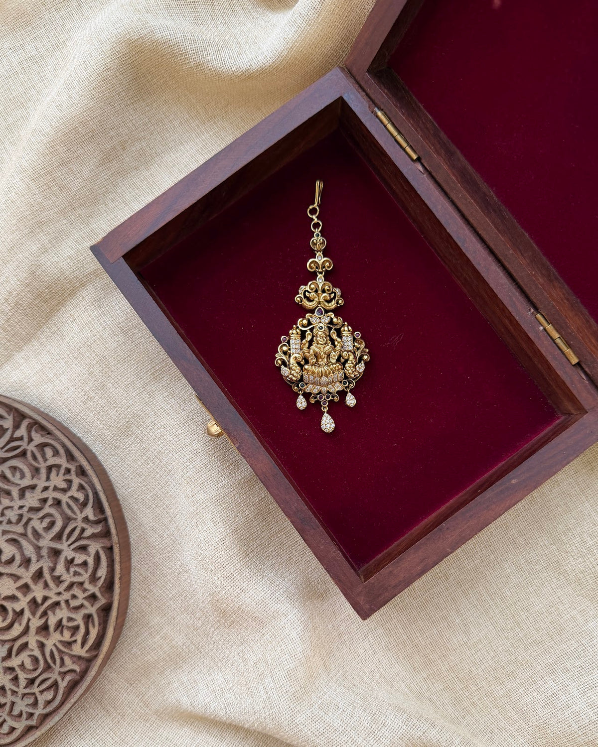 Antique Lakshmi Motif Maang Tikka | Ruby | Handmade Antique Gold Plated | MT379