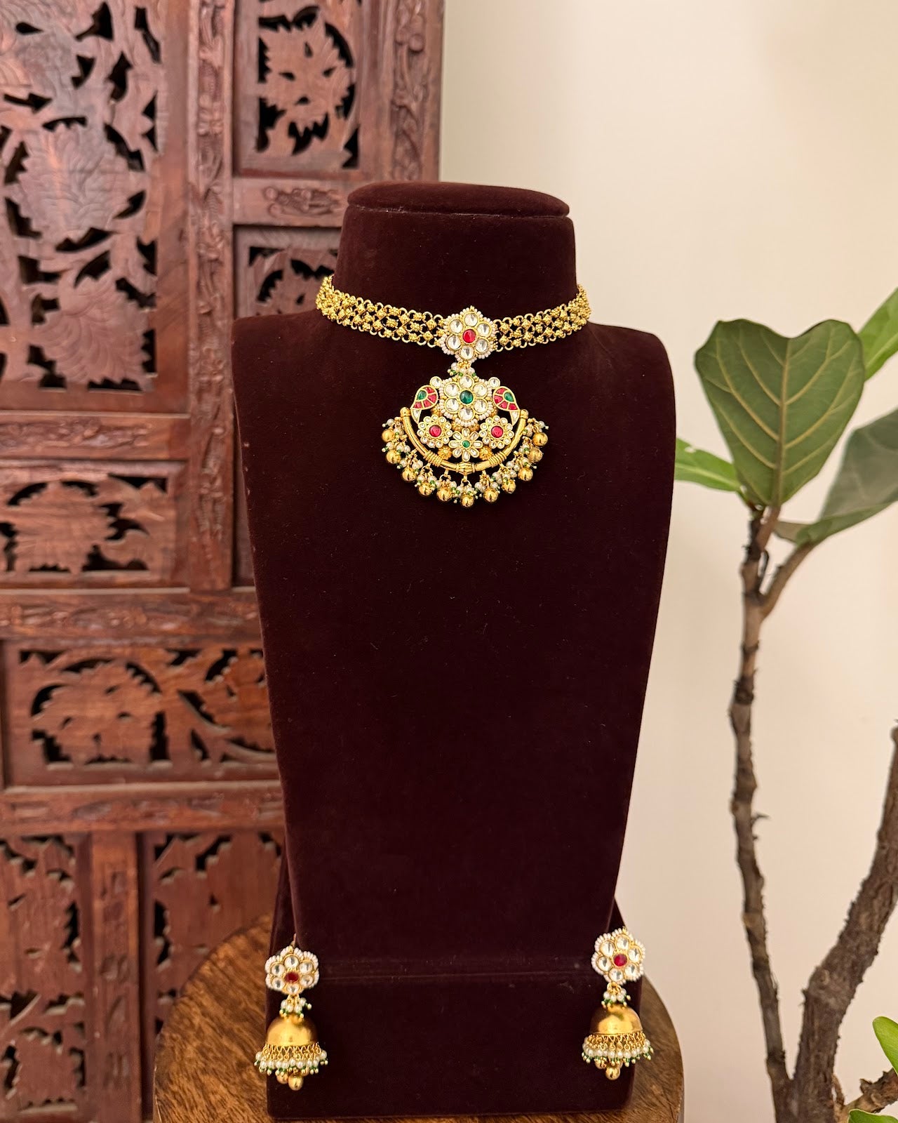 Antique Kundan Statement Necklace with Earrings | Handmade Gold Plated | NC739
