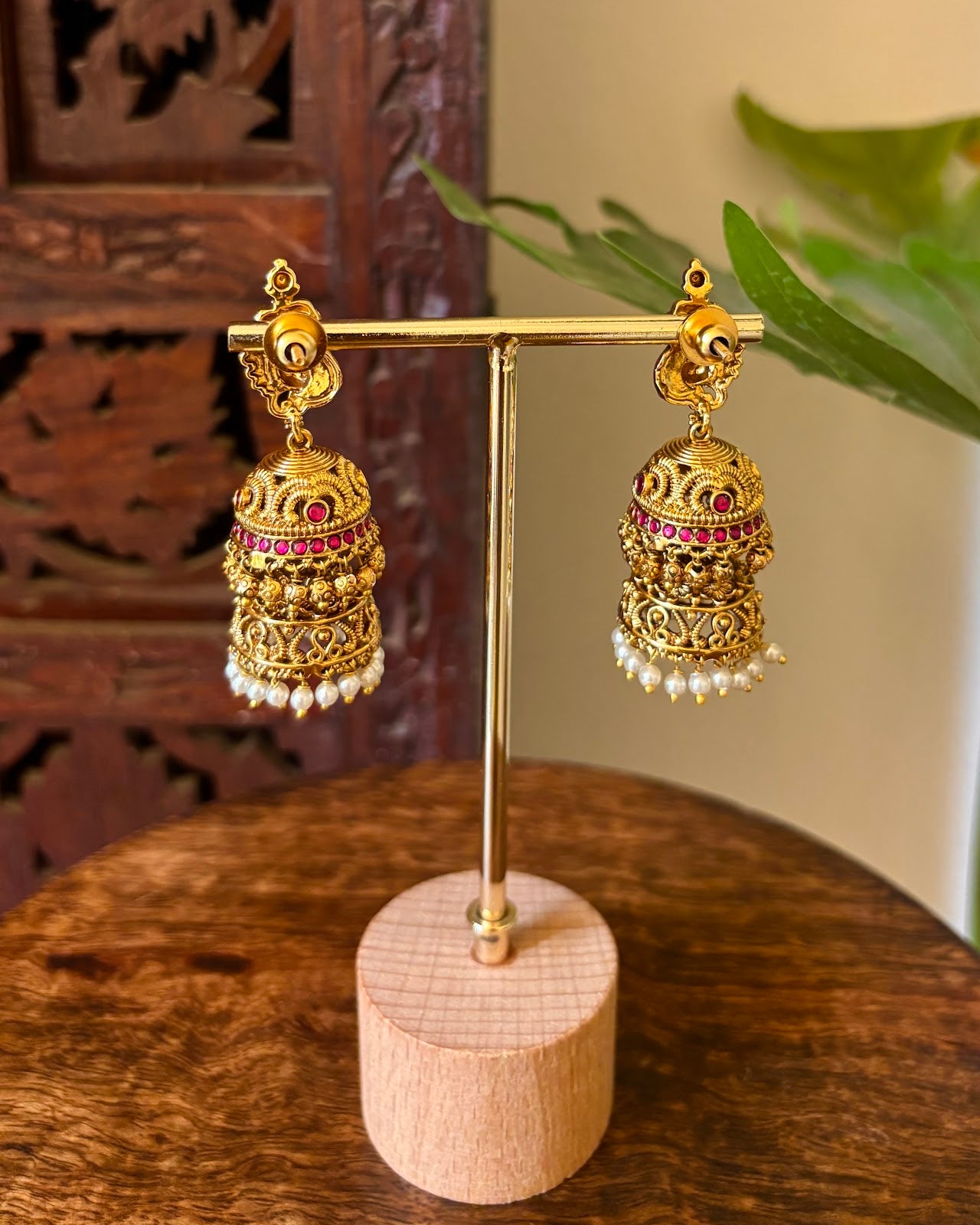 Traditional Antique Peacock Layered Jhumkas | Ruby & White | Handmade Gold Plated | ER445