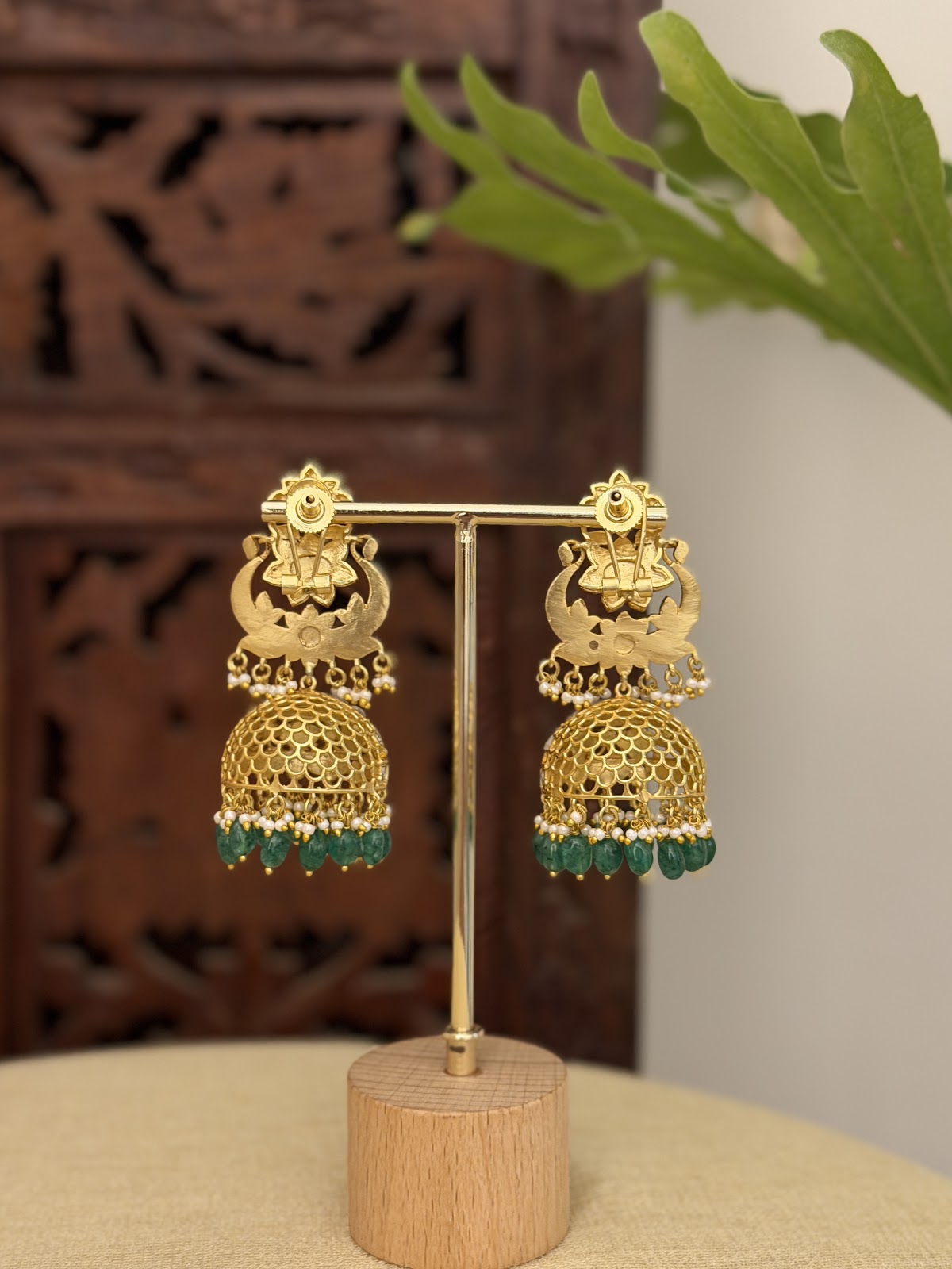White Floral Jadau Kundan Jhumkas With Green Beads | ER420