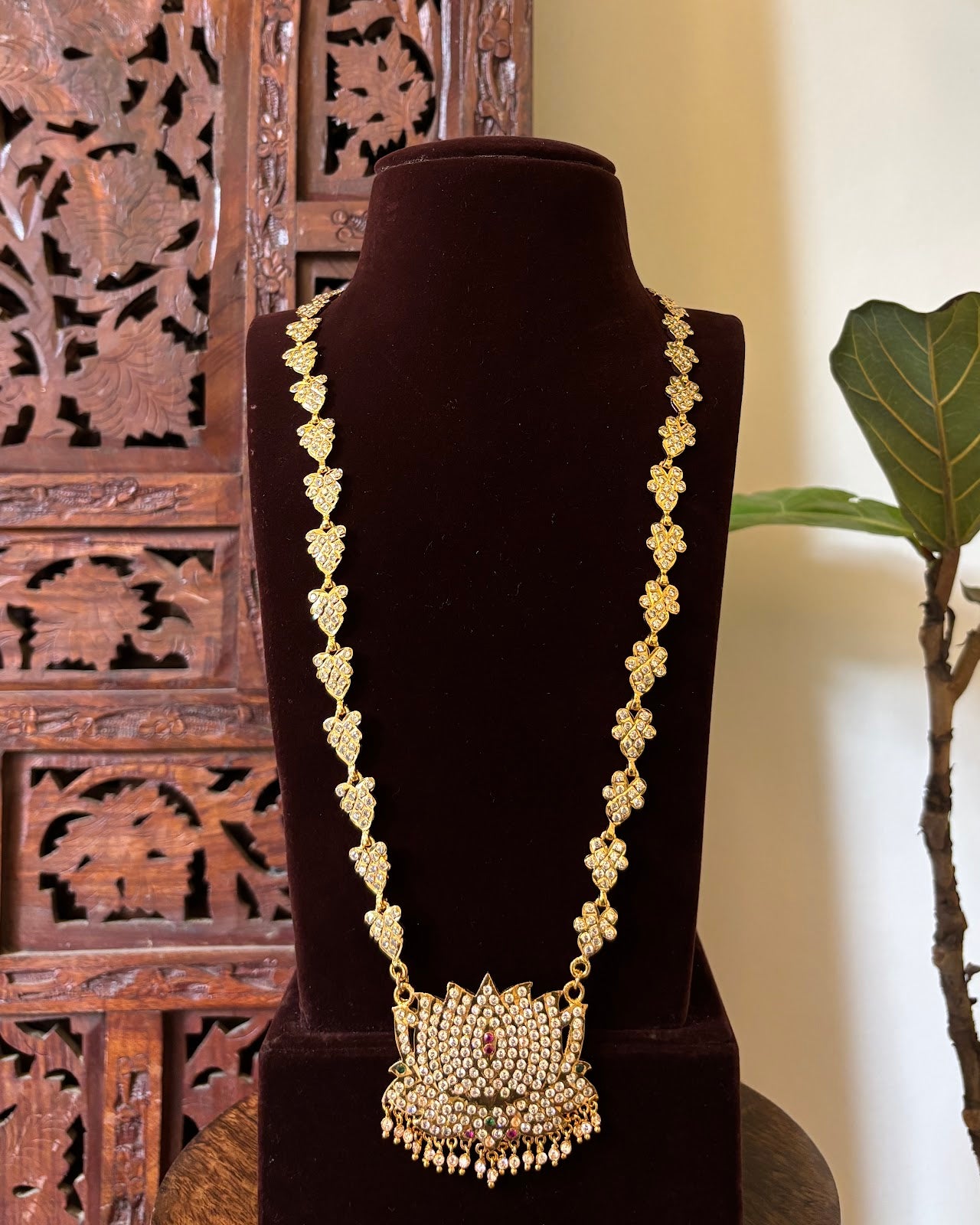 Lotus Motif Impon Pendant Haram | Ruby & White | Handmade Gold Tone | NC762