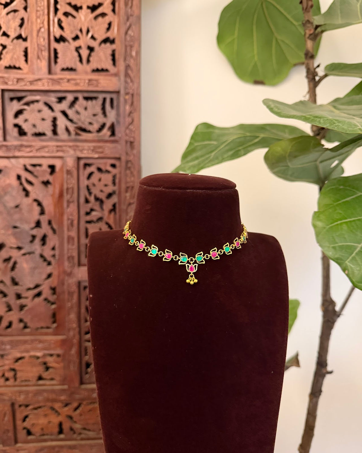 Multicolour Lotus Kundan Necklace with Earrings | Floral Design | Handmade Gold Plated | NC852