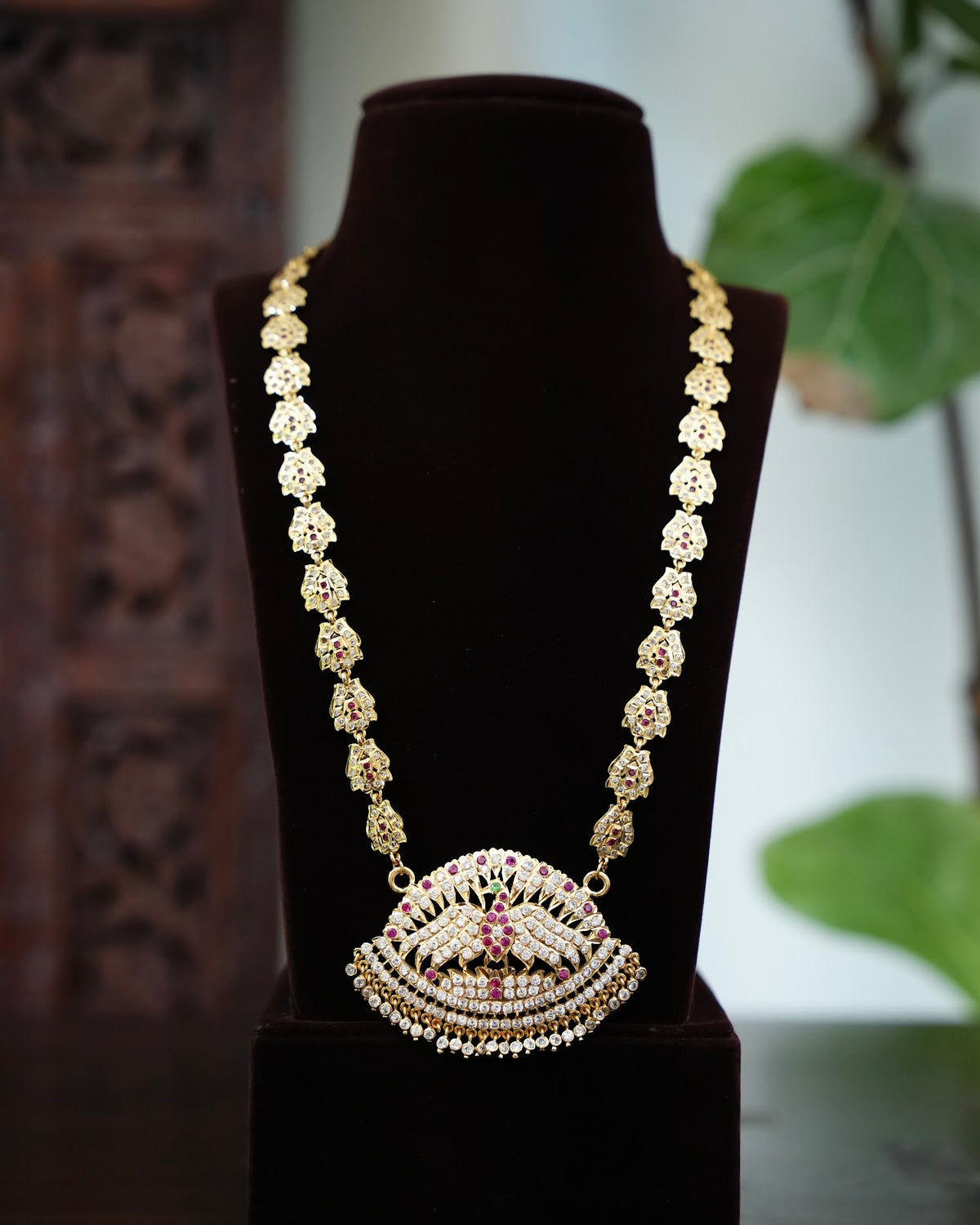 Vintage Impon Ruby & White Peacock Design Long Haram Necklace | Handmade Gold Tone | NC926