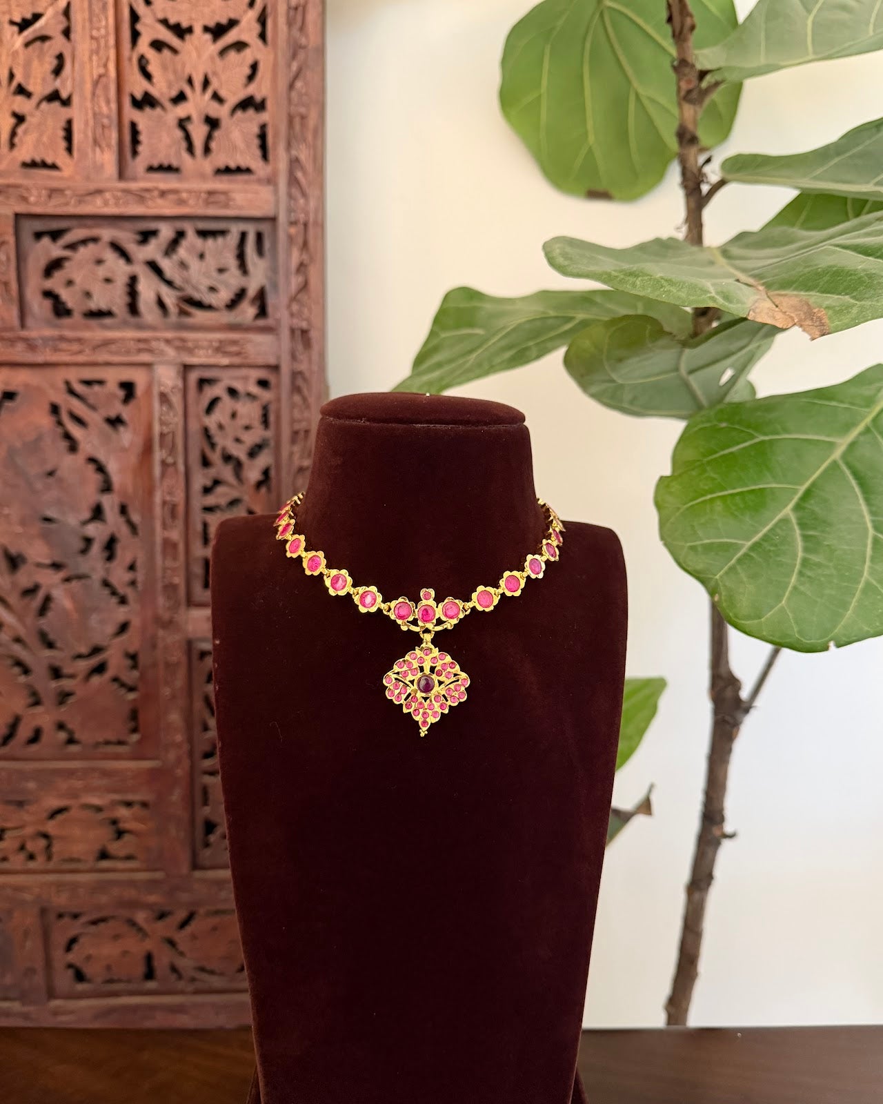 Attigai Vintage Ruby Floral Necklace | Handmade Gold Tone | NC812