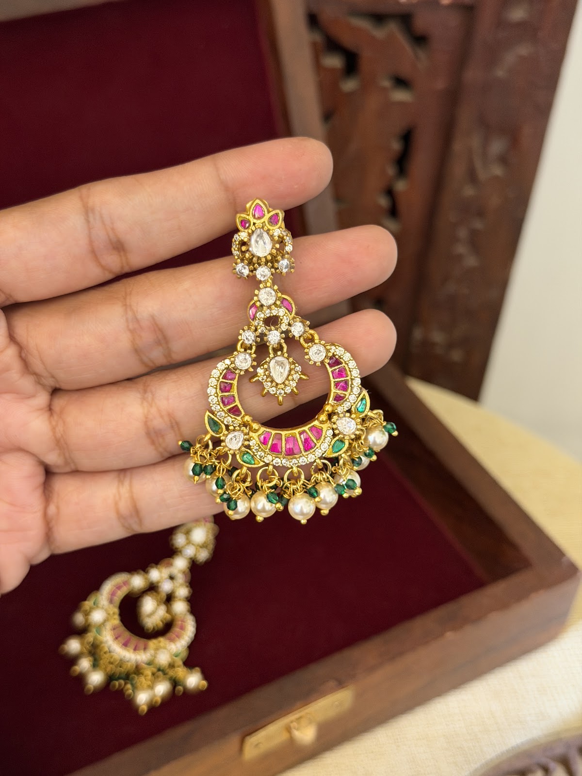Multicolor Jadau Kundan Peacock Chandbali Earrings with Pearl Hangings | ER414