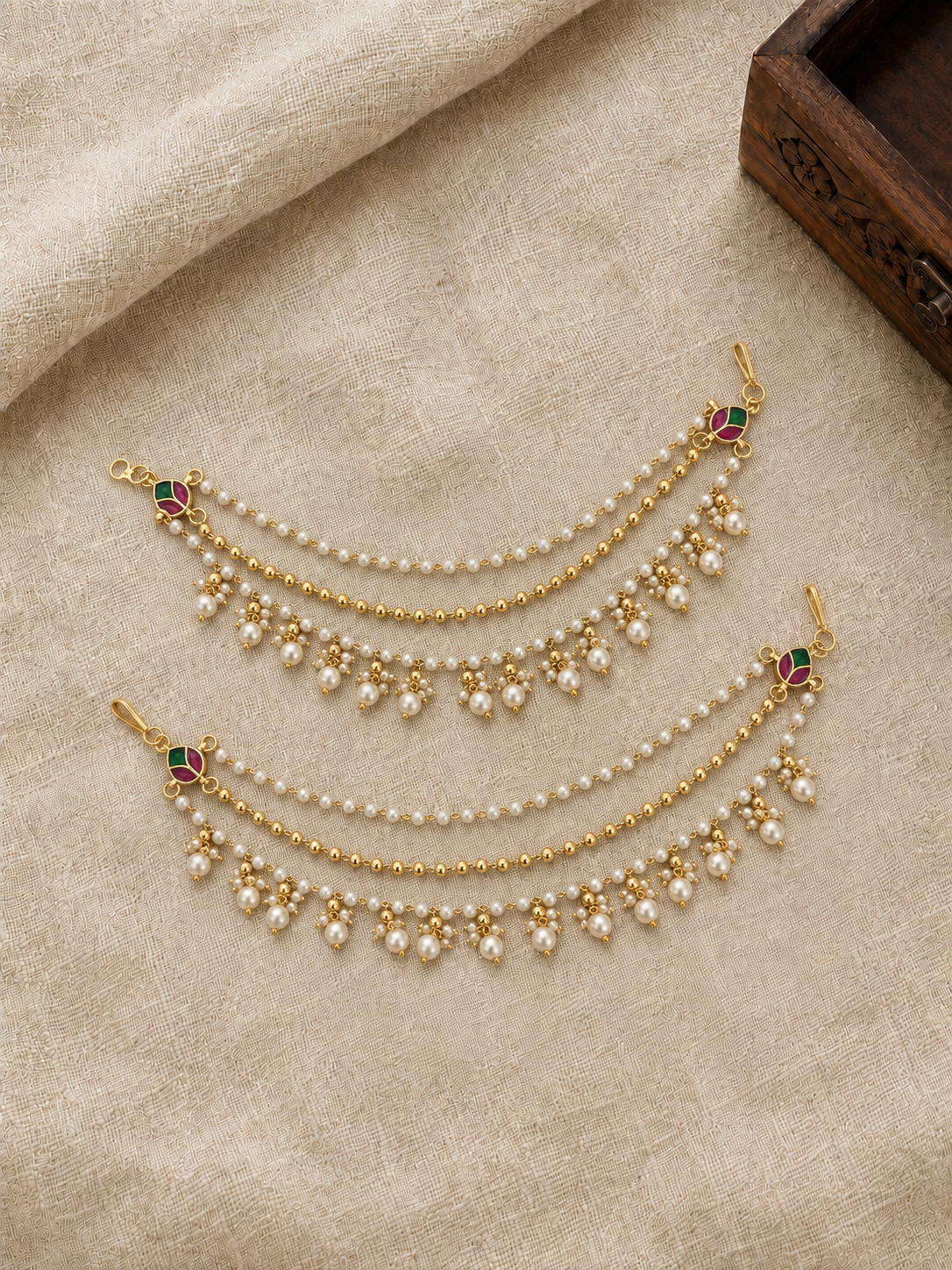 Pearl Kundan Three Layer Ear Chain | Handmade Gold Plated | EC224