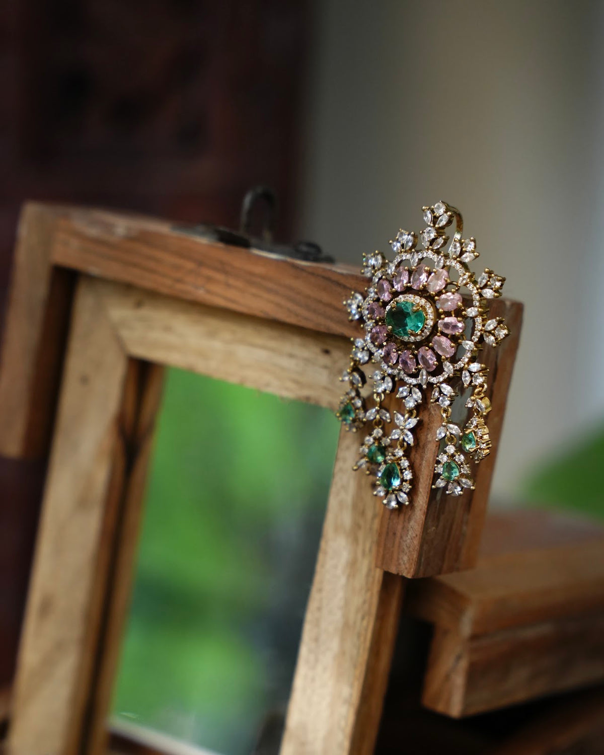 Pink & Green AD Stone Pendant and Stud Earrings Set | NC910