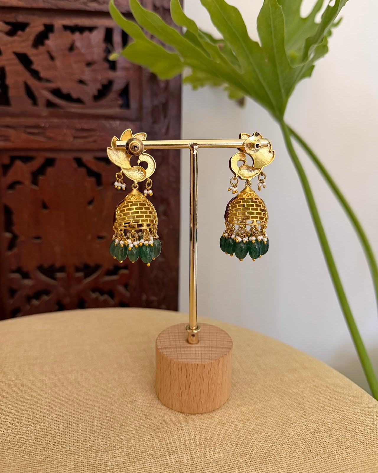 Ruby & Green Floral Peacock Jadau Kundan Jhumkas | ER411