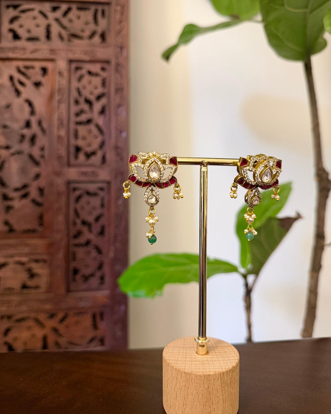 Lotus Moissanite Kundan Necklace with Earrings | Handmade Gold Plated | NC837