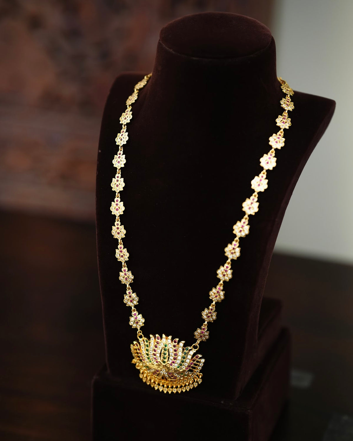 Vintage Impon Multicolour Lotus Design Long Haram Necklace | Handmade Gold Tone | NC925