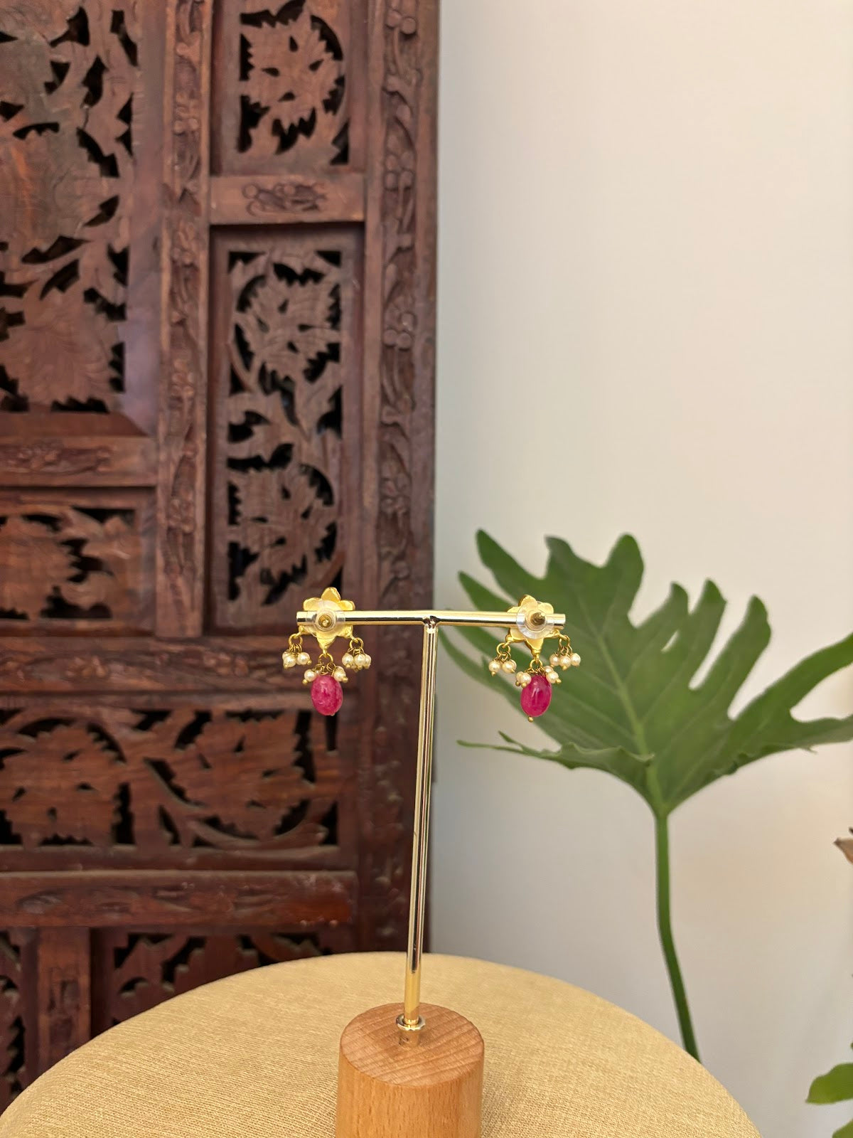 Royal Ruby Flower Studs | Handmade Gold Plated | ER426