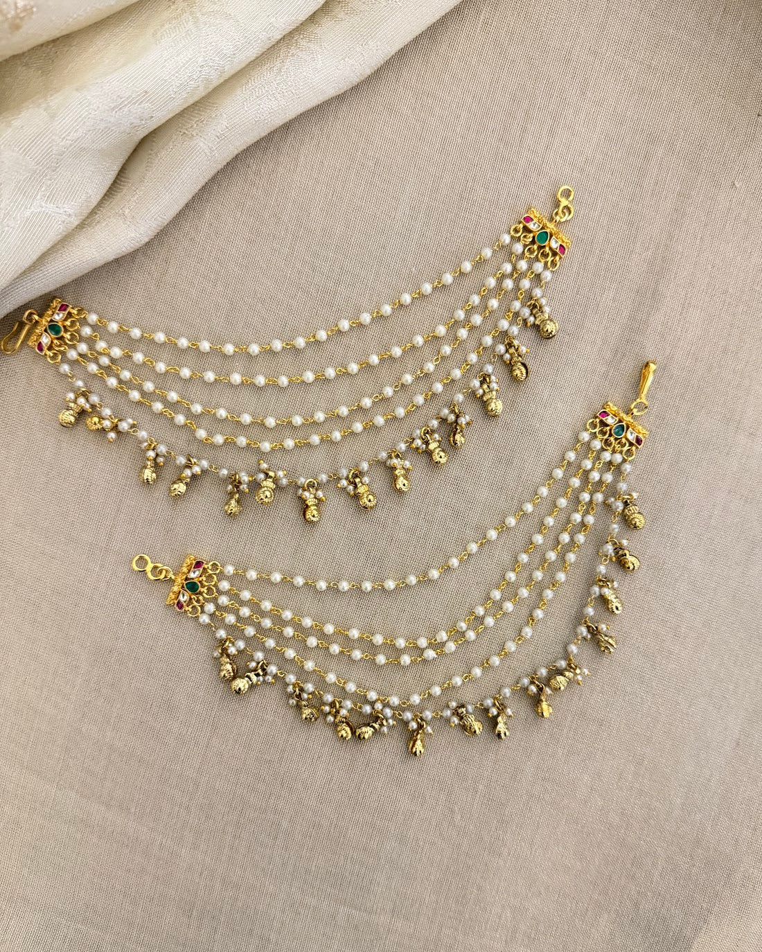 Multi Color Kundan Five-Layer Pearl Ear Chain | Handmade Gold Plated | EC220