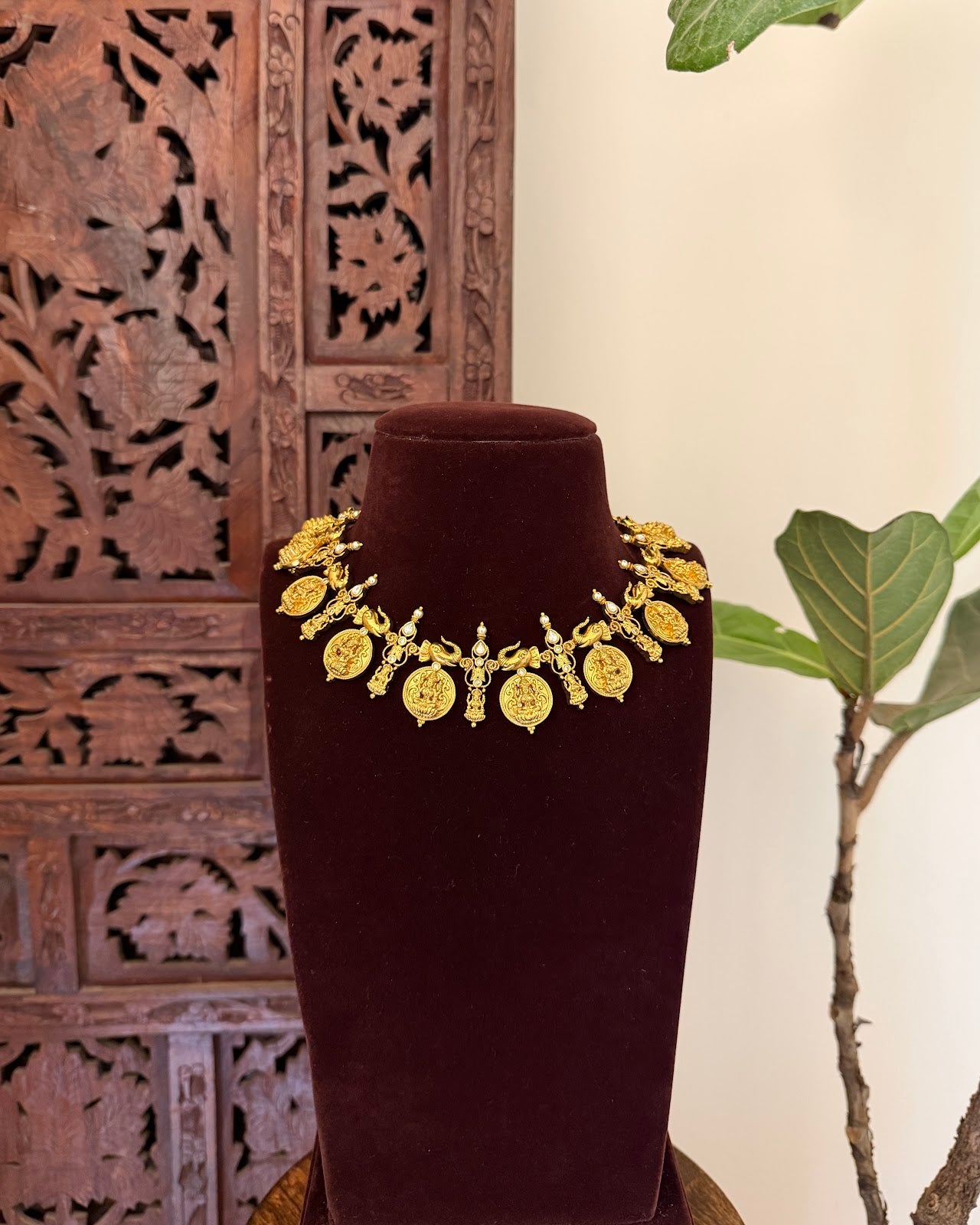 Antique Lakshmi Elephant Kaasu Necklace with Earrings | Handmade Gold Plated | NC737