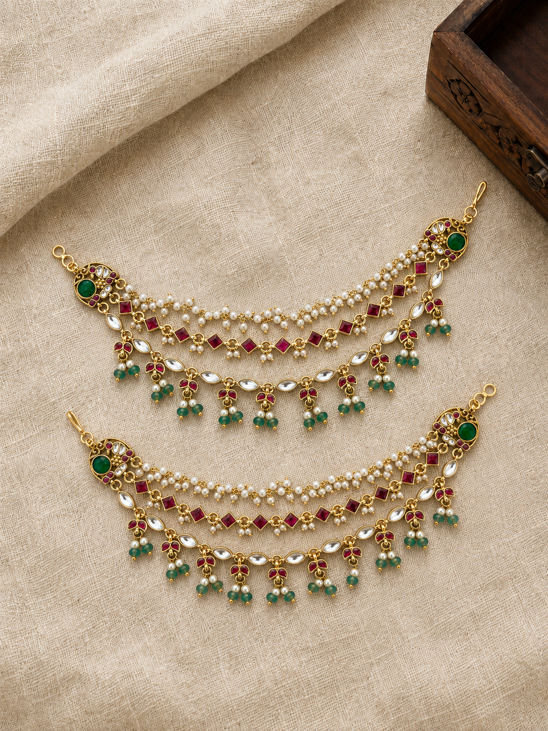 Multicolor Gold-Plated Jadau Kundan Ear Chain with Pearl Strands | Handmade Gold Plated | EC225