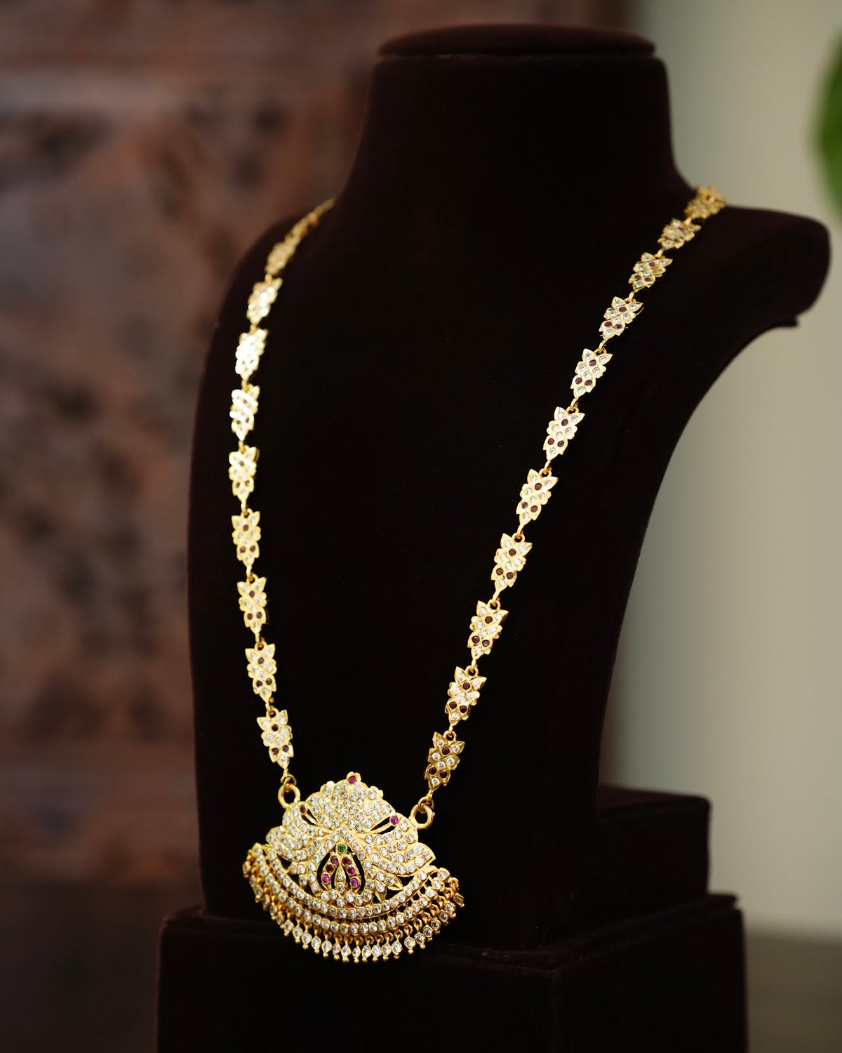 Vintage Impon Ruby & White Long Haram Necklace | Handmade Gold Tone | NC927