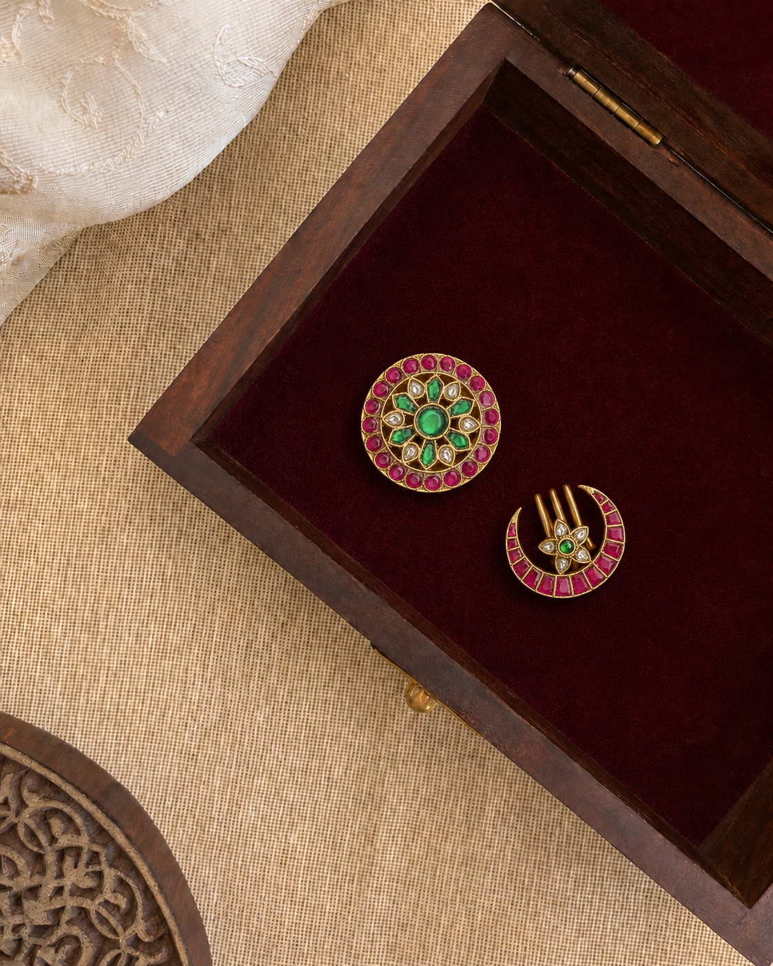 Jadau Kundan Sun & Moon Hair Accessory – Traditional Set | Handmade Gold Plated | HA366