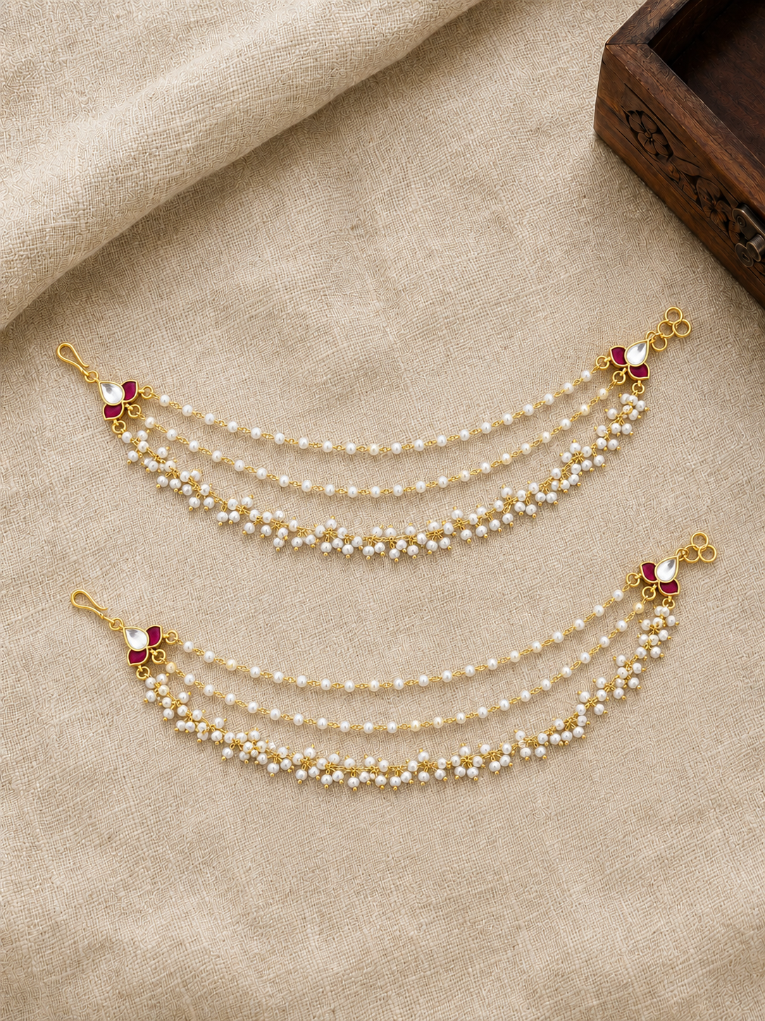 Minimal Kundan Pearl Ear Chain | Ruby and White | Handmade Gold Plated | EC226