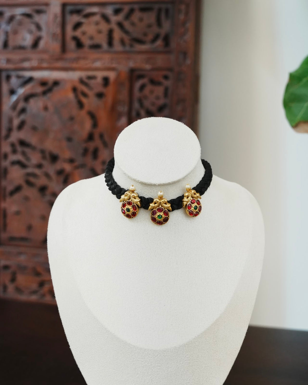 Vintage Black Thread Chain with Kundan Peacock Locket | Handmade Gold Tone | NC922