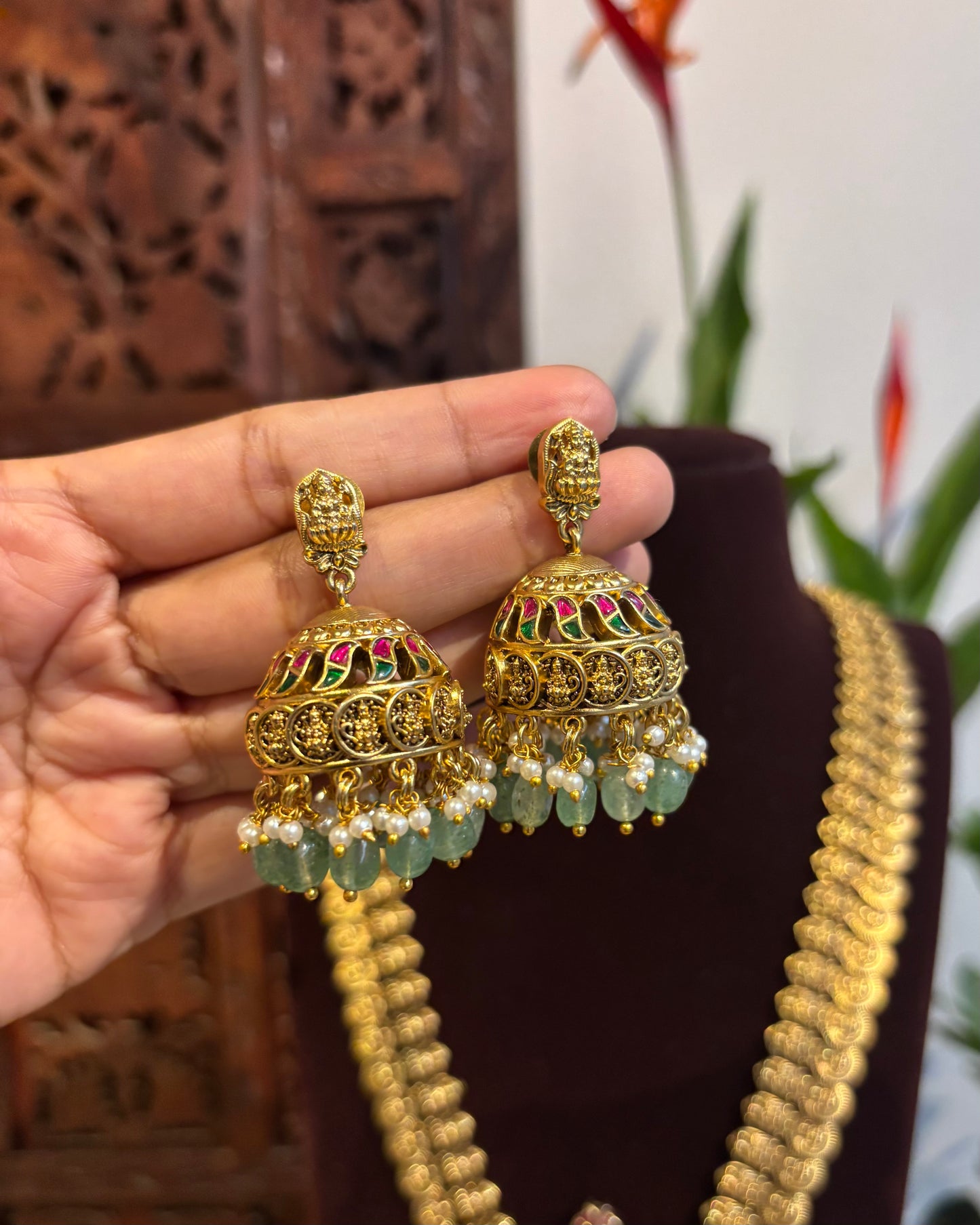 Lakshmi & Floral Kaasu Haram with Kundan Detailing & Matching Jhumkas | NC185