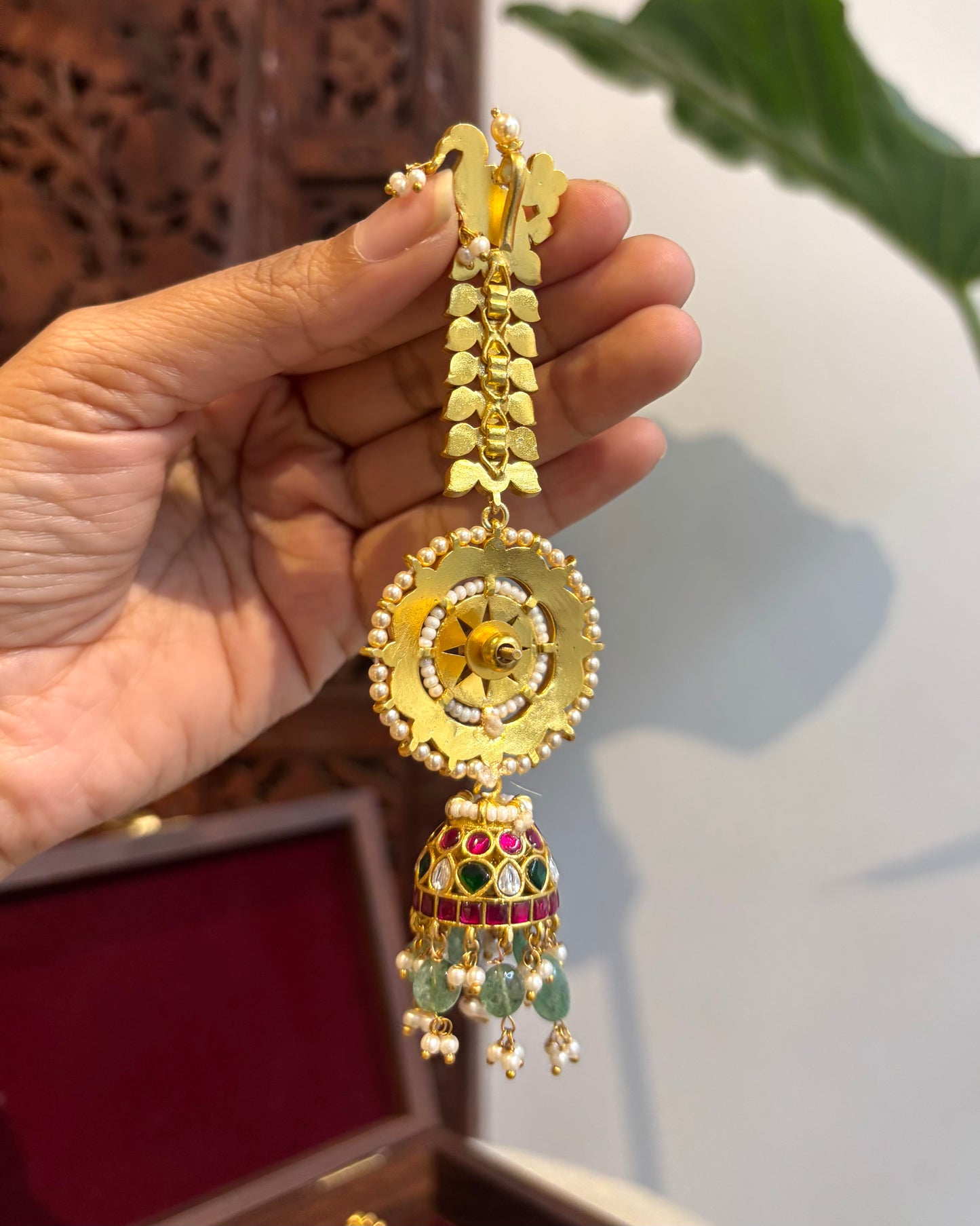 Traditional Jadau Kundan Floral Jhumkas with Attached Straight Ear Chain | ER194