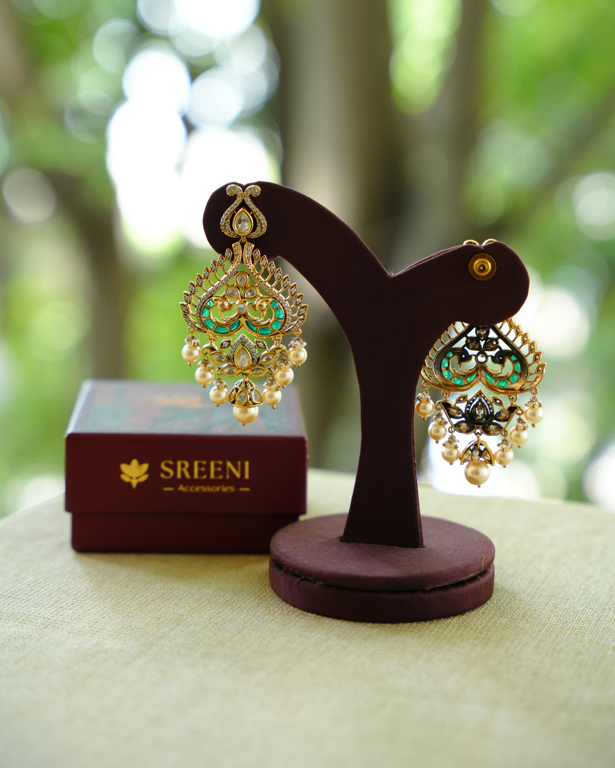 Green Peacock Kundan Drop Earrings with Pearl Clusters