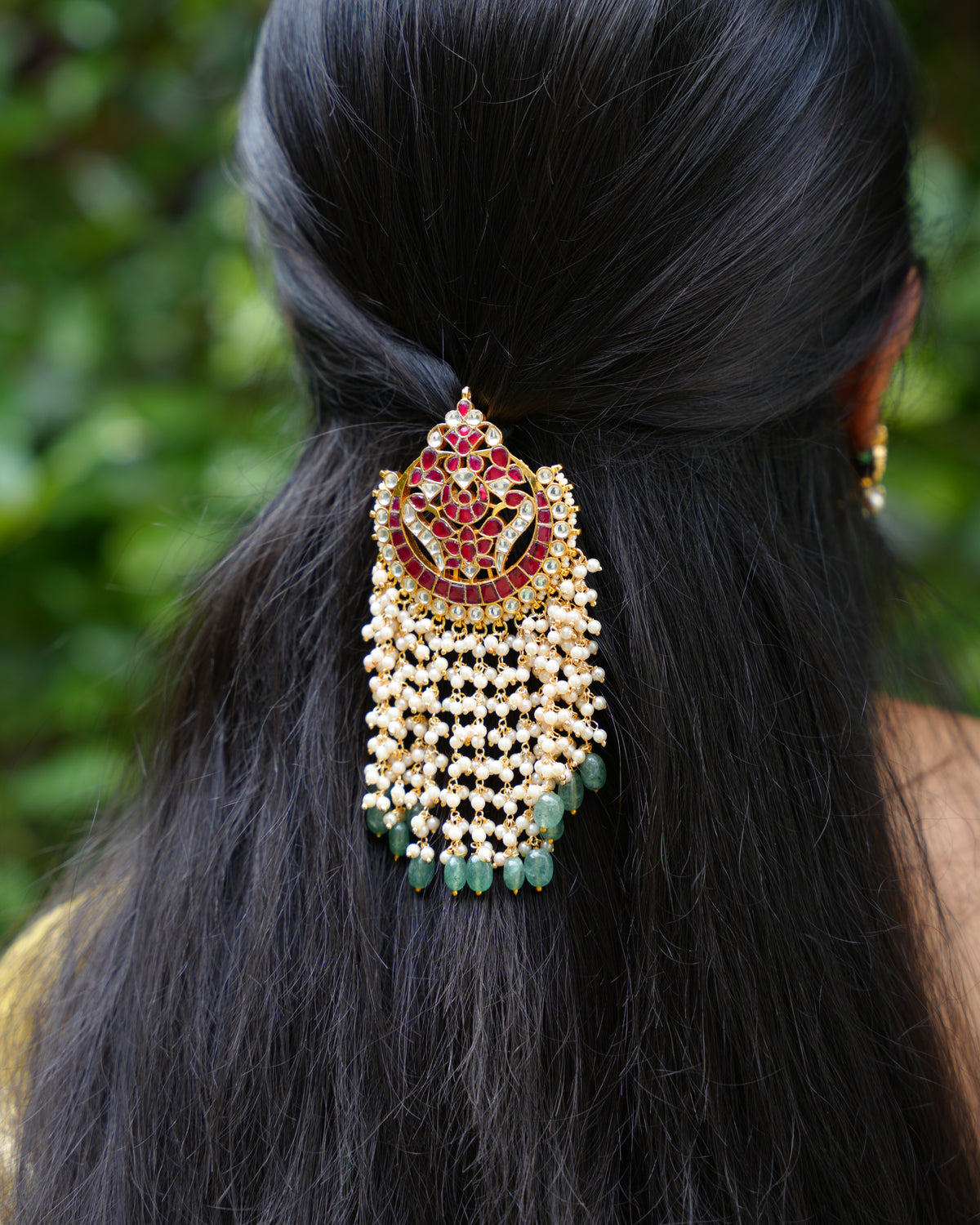 Ruby Kundan Hair Pendant with Pearl Strands & Green Beads