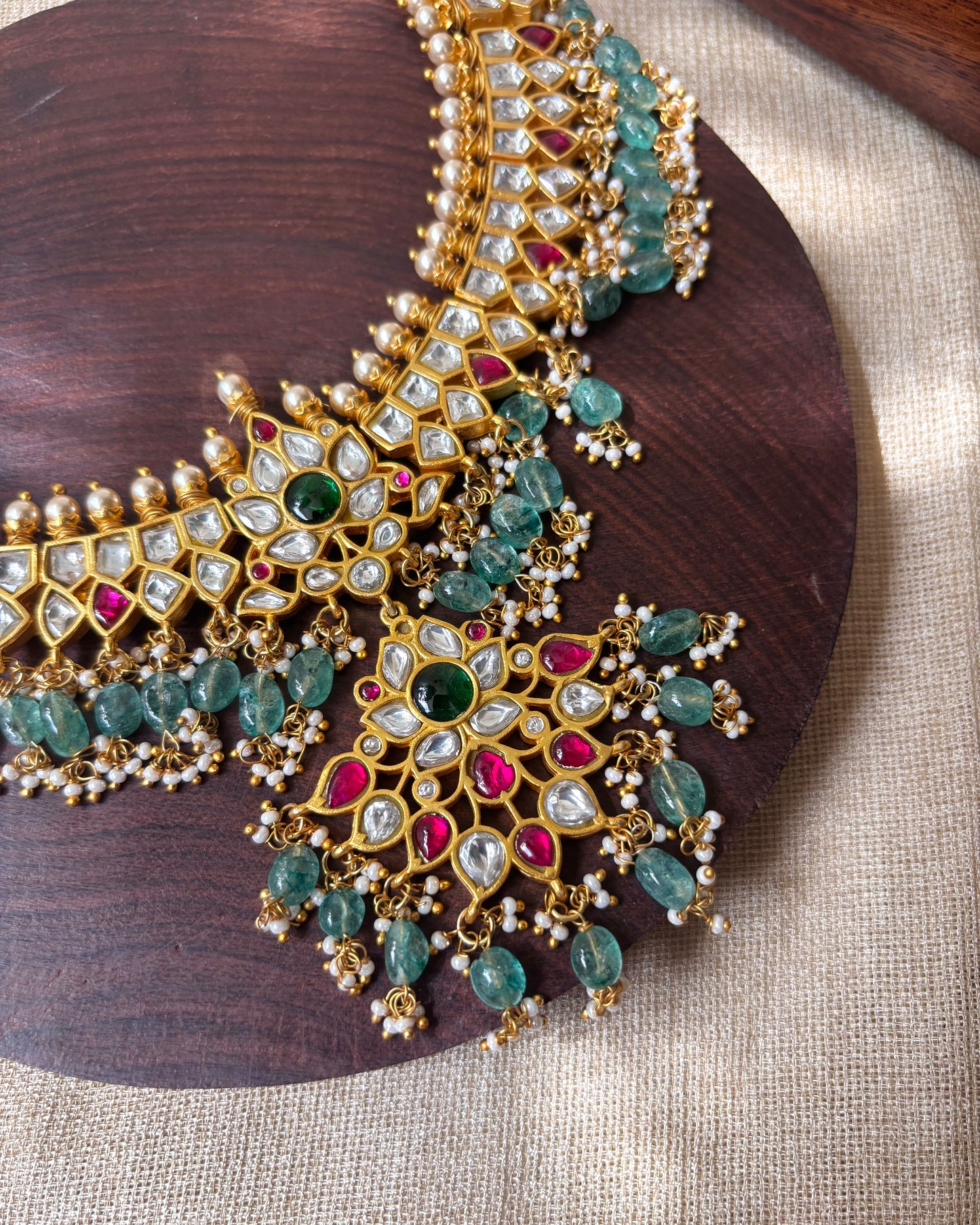 White Jadau Kundan Floral Necklace with Strawberry Beads | NC069