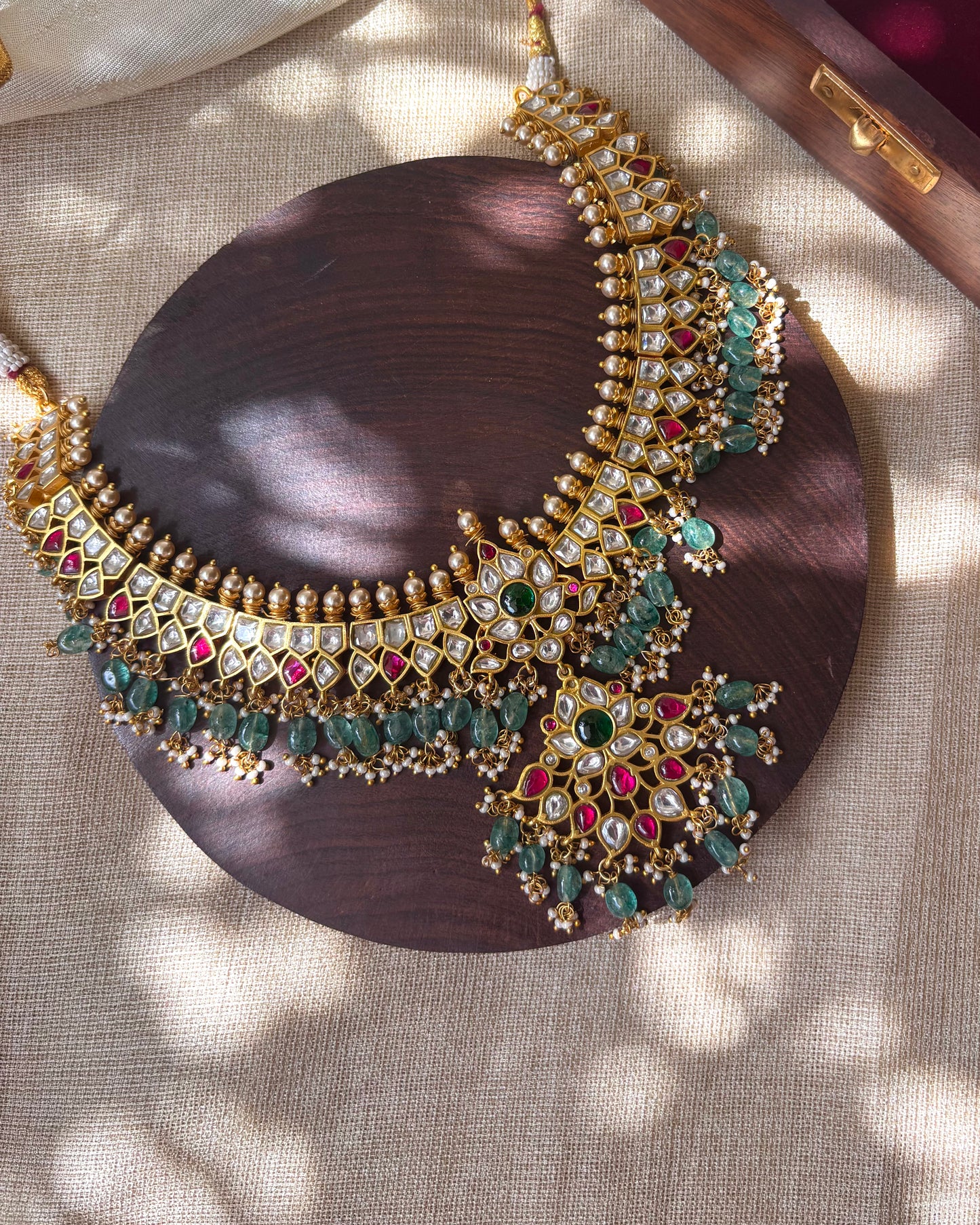 White Jadau Kundan Floral Necklace with Strawberry Beads | NC069