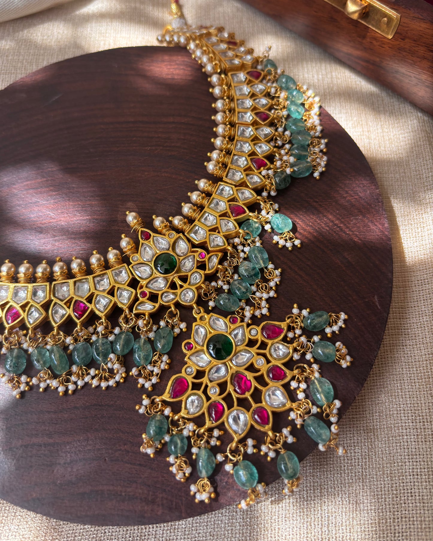 White Jadau Kundan Floral Necklace with Strawberry Beads | NC069