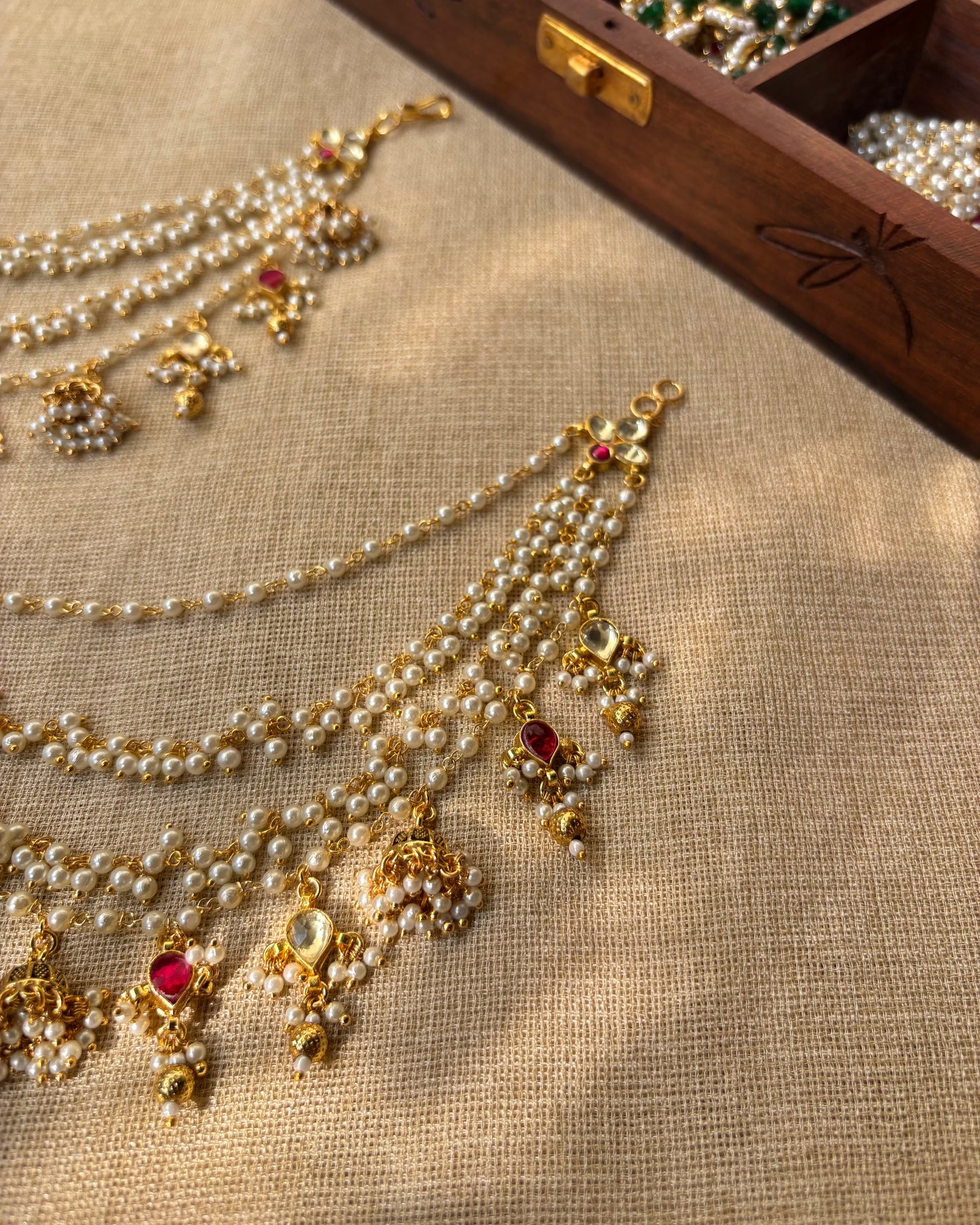 Jadau Kundan Four-Layer Pearl Ear Chain – Ruby & White | EC084