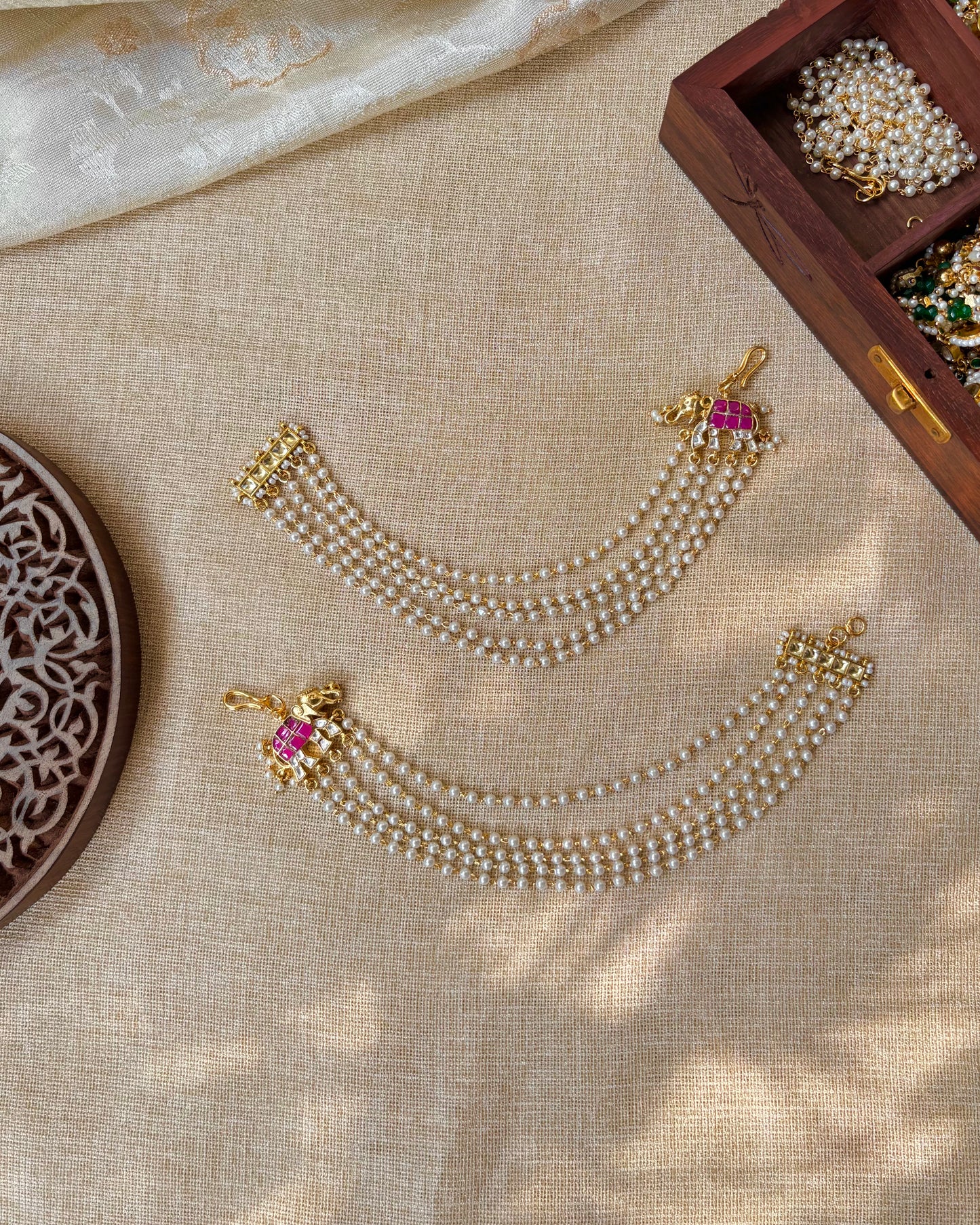 Minimal Elephant Jadau Kundan Pearl Ear Chain – Pink & White | EC086