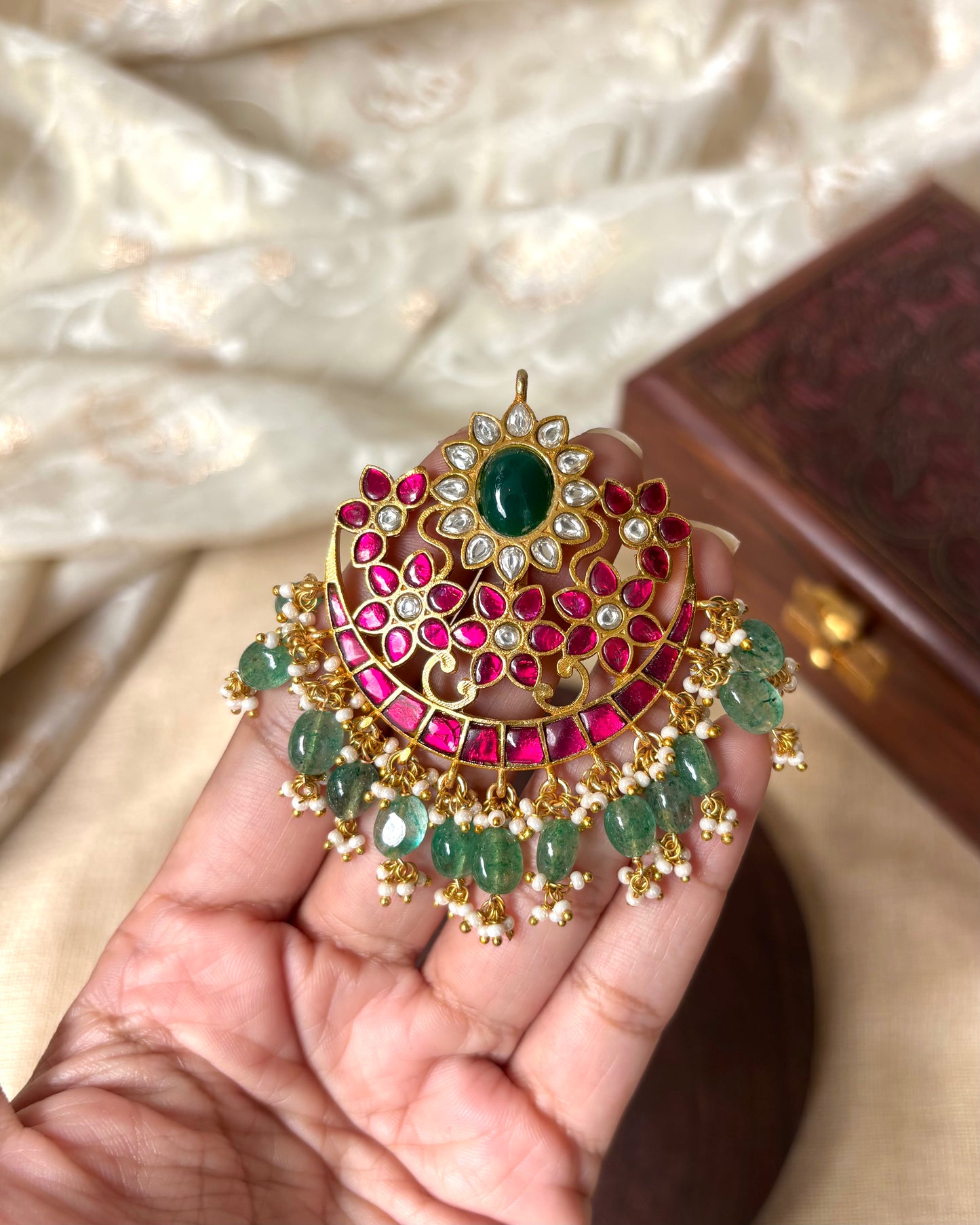 Floral Round Jadau Pendant with Green Beads | HA070