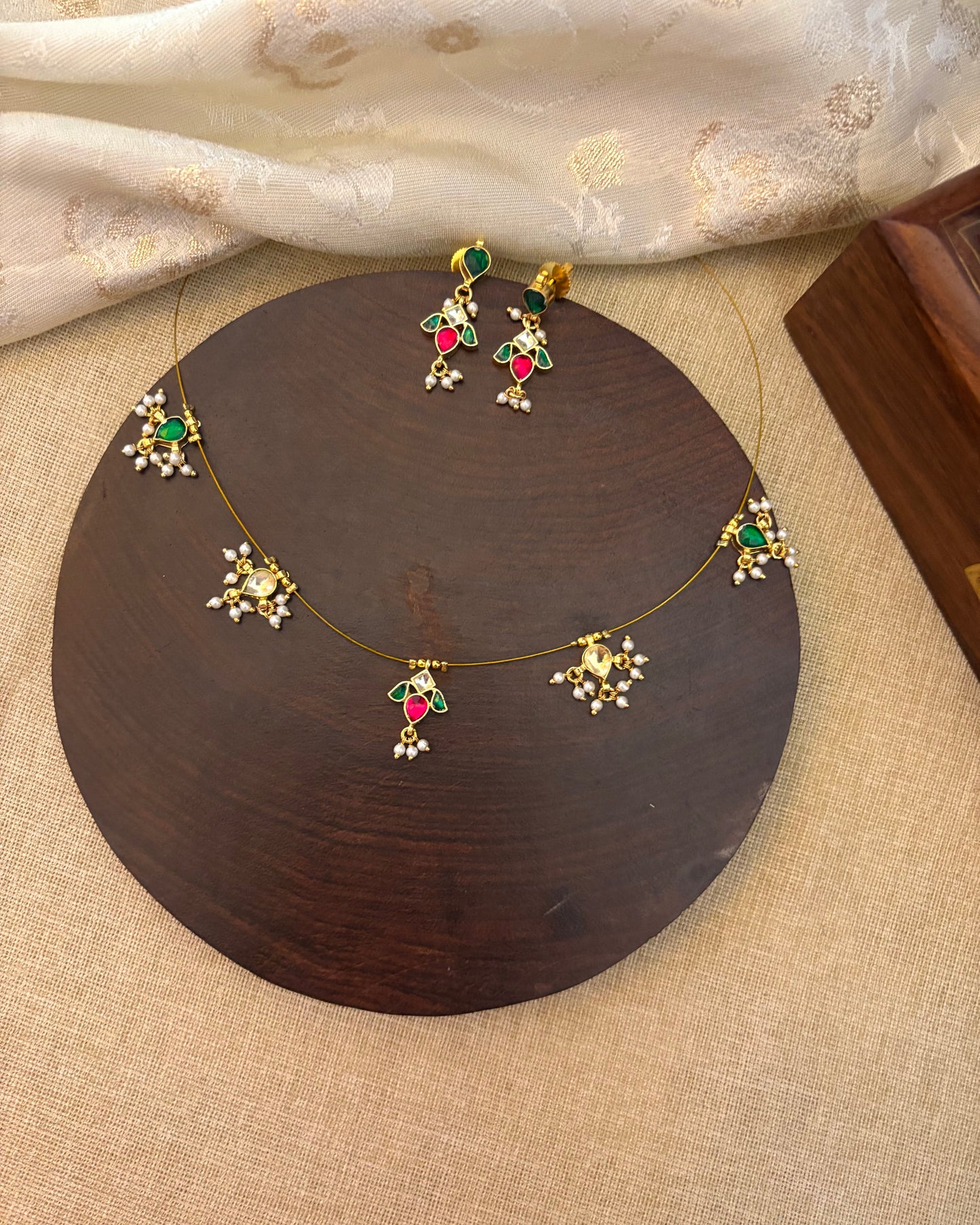 Jadau Kundan Invisible Chain Necklace with Earrings | NC140