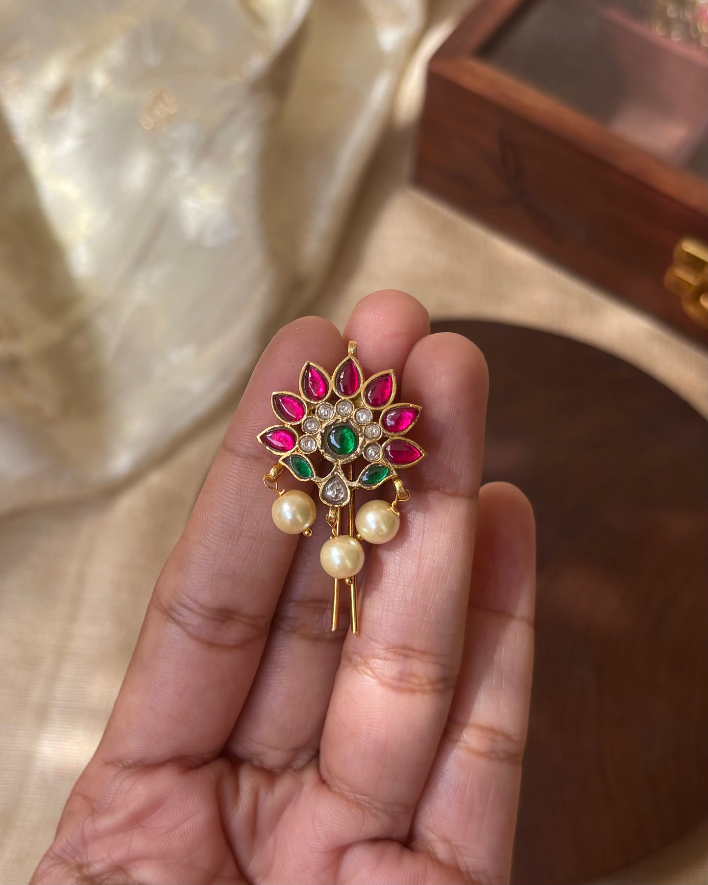 Multicolor Floral Jadau Kundan Hair Pins with Pearl Drops | HA077